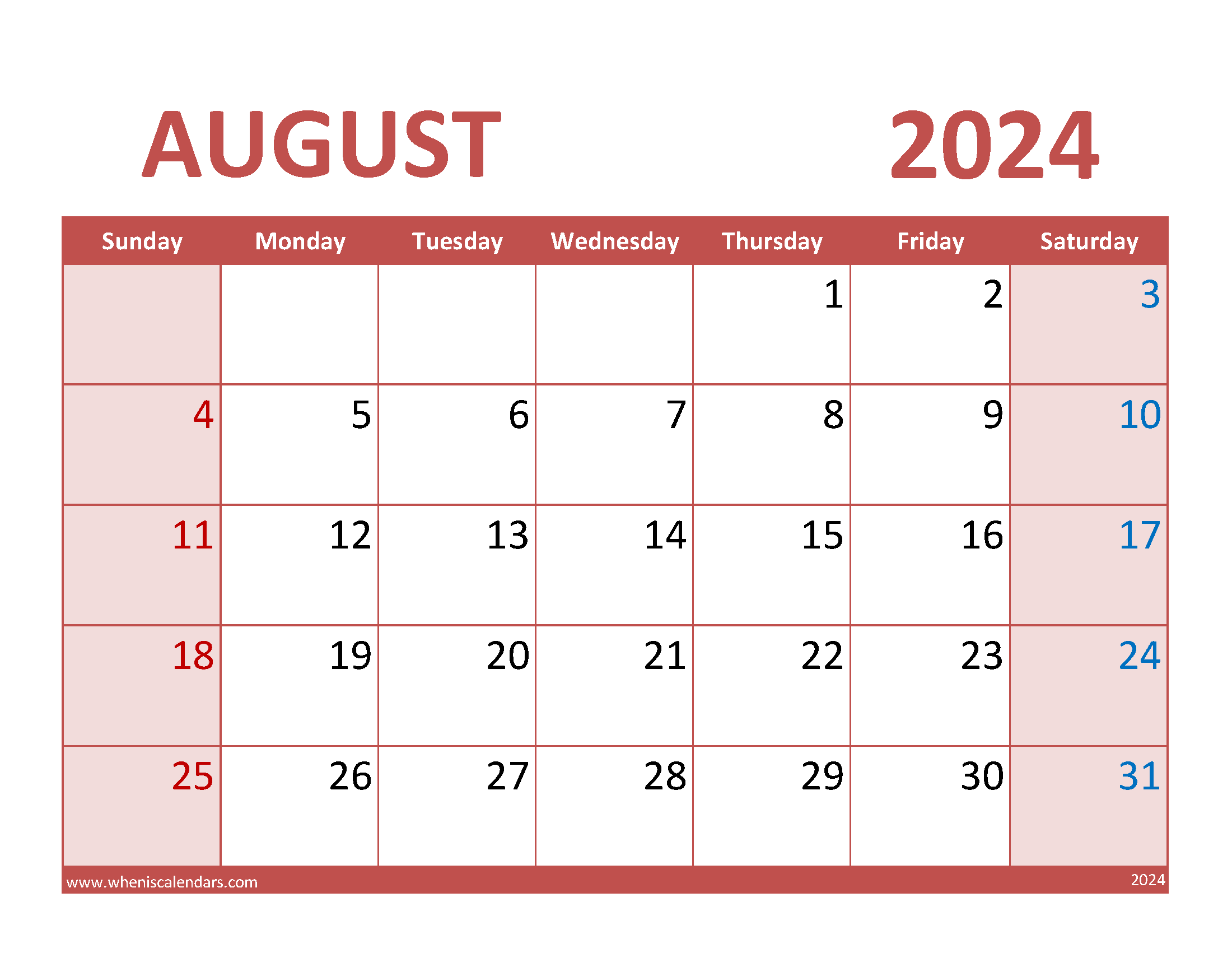 Blank August 2024 Calendar Printable PDF