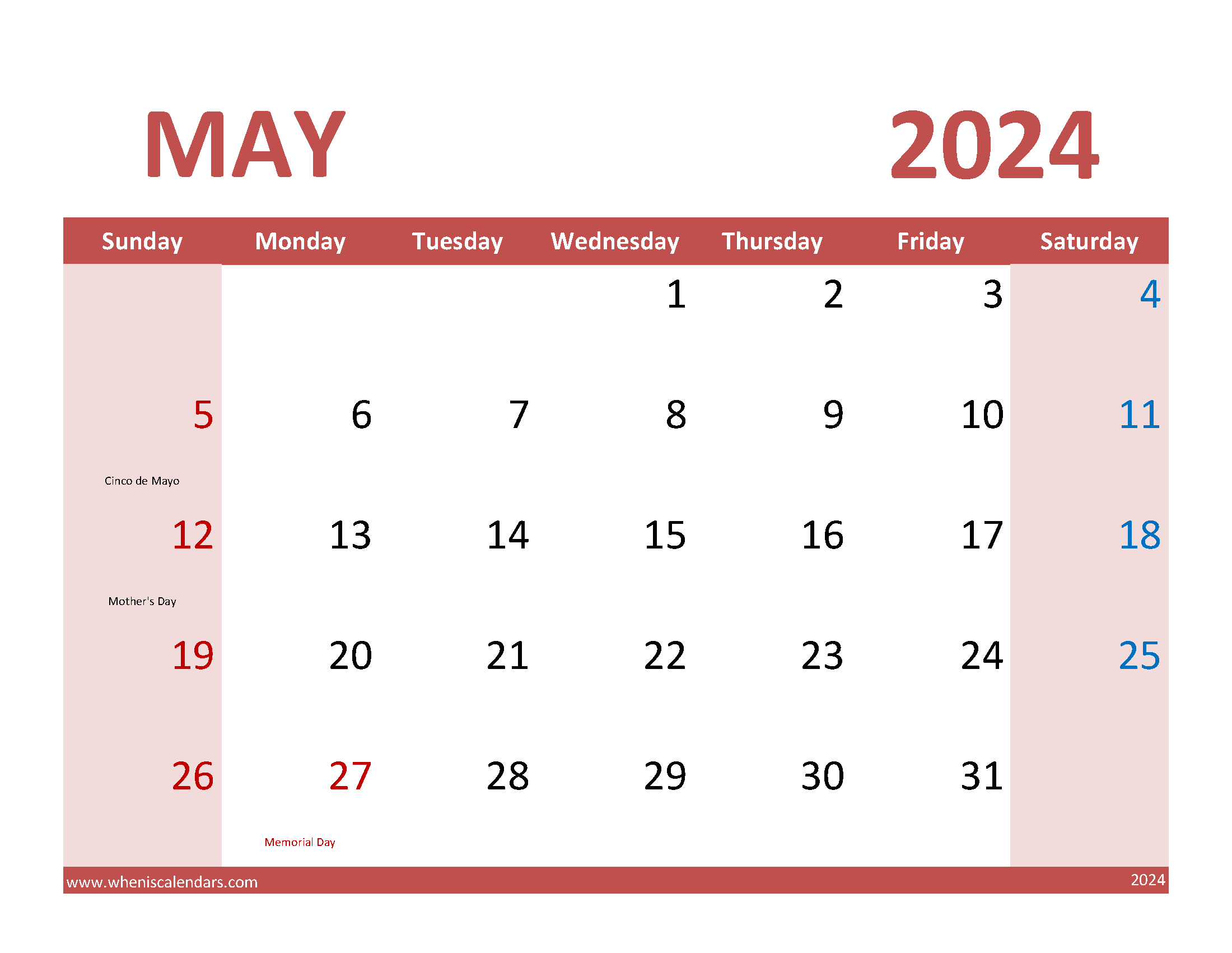 May Calendar 2024 with Holidays