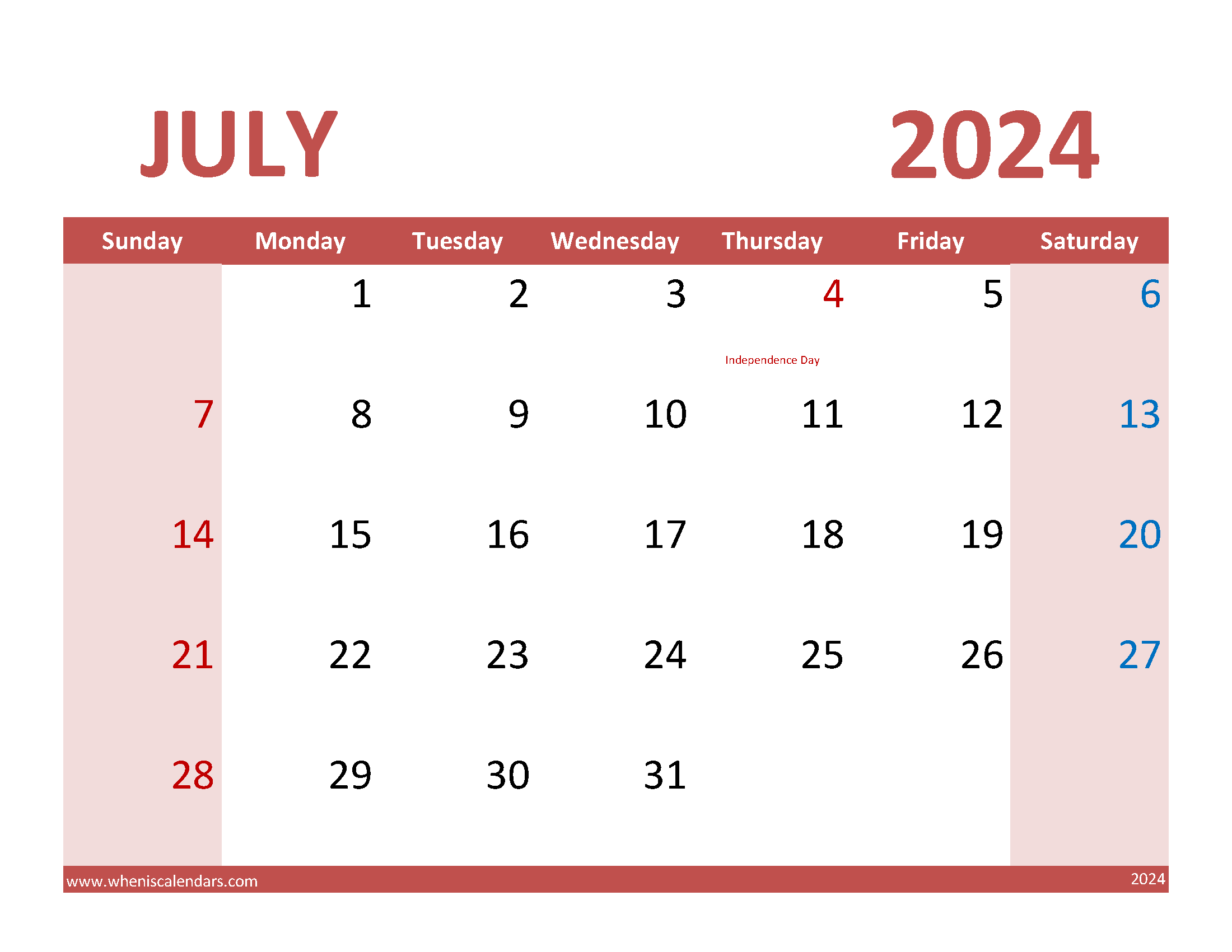 July Calendar 2024 with Holidays
