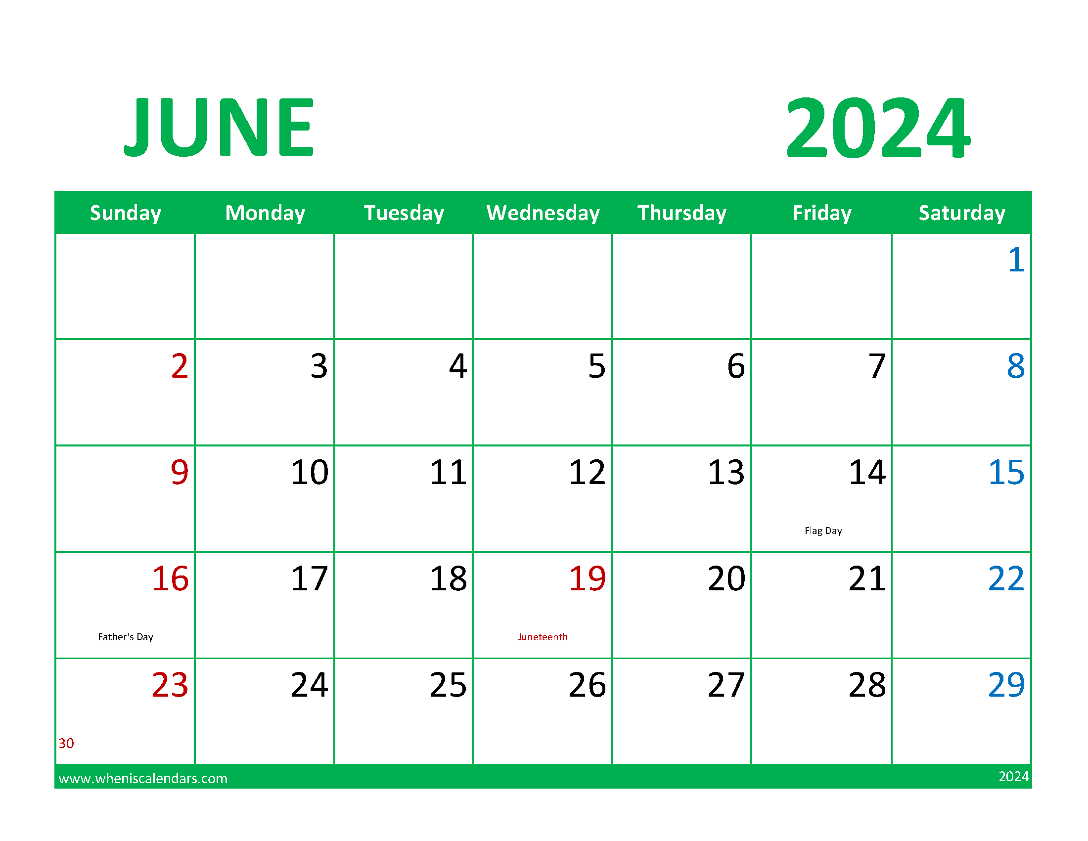 Calendar June 2024 Printable Free