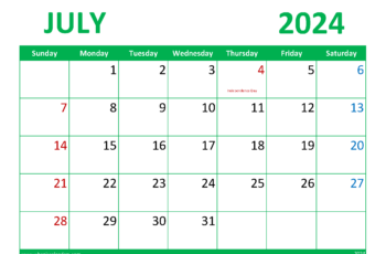 Calendar July 2024 Printable Free