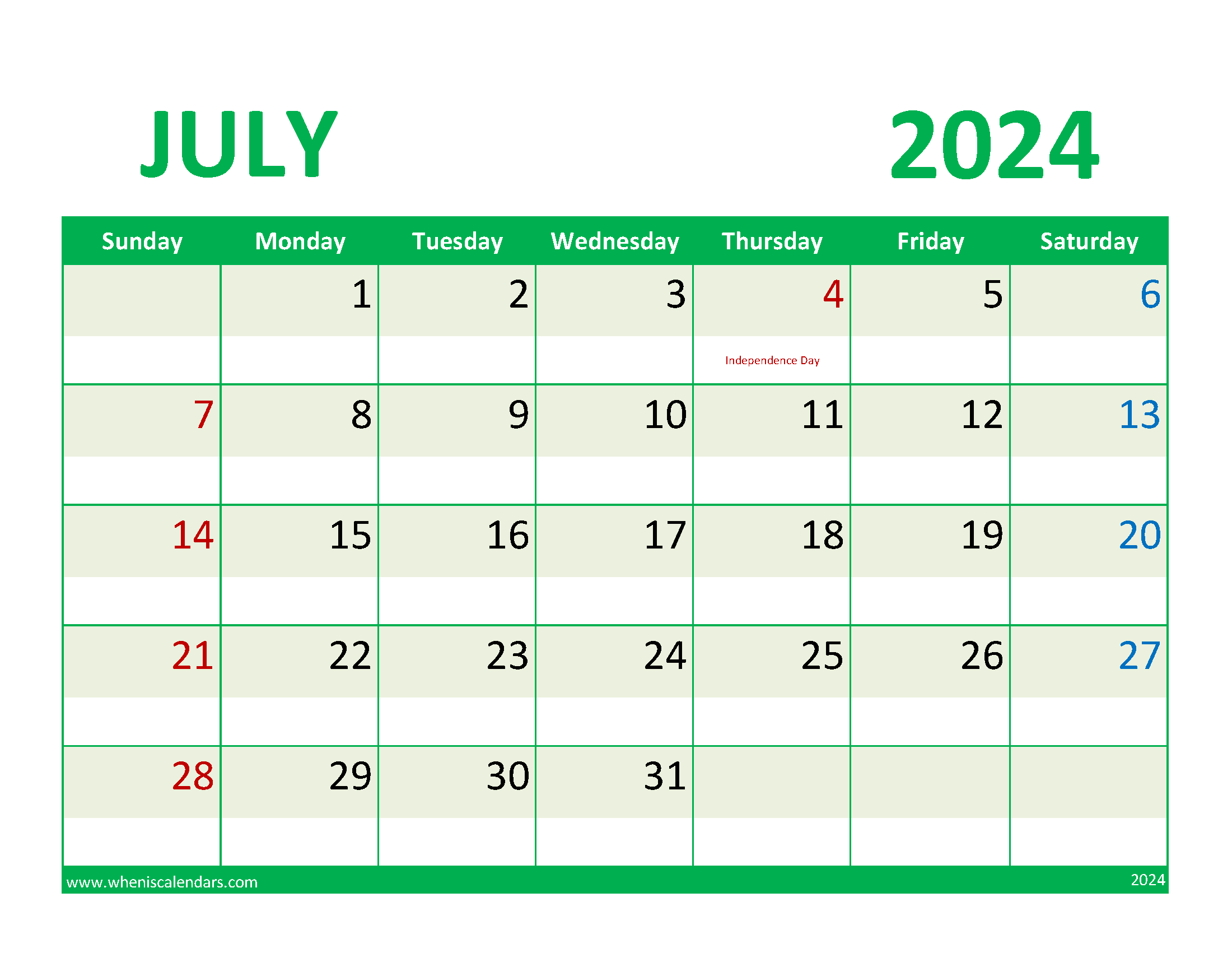 Free Printable July Calendar
