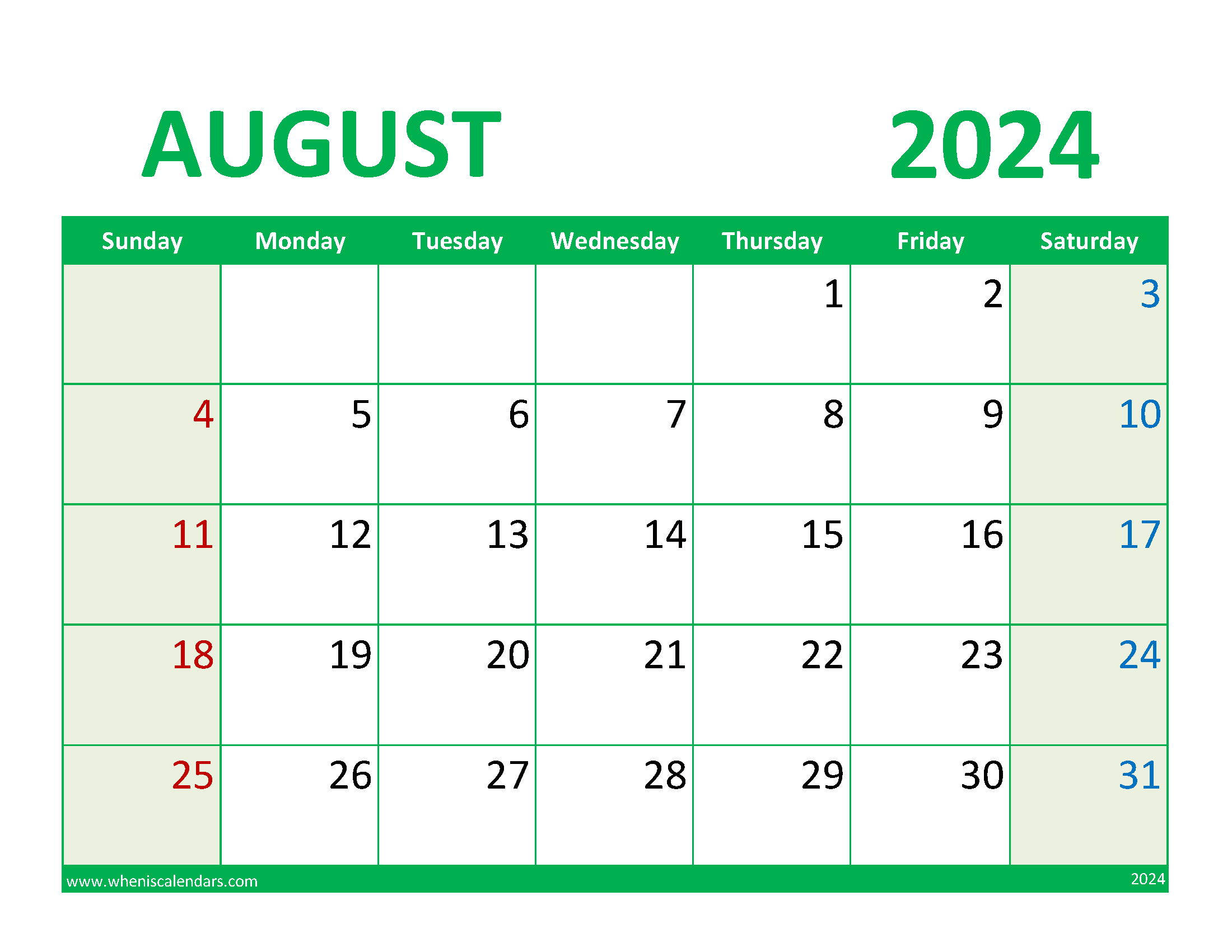 August 2024 Excel Calendar