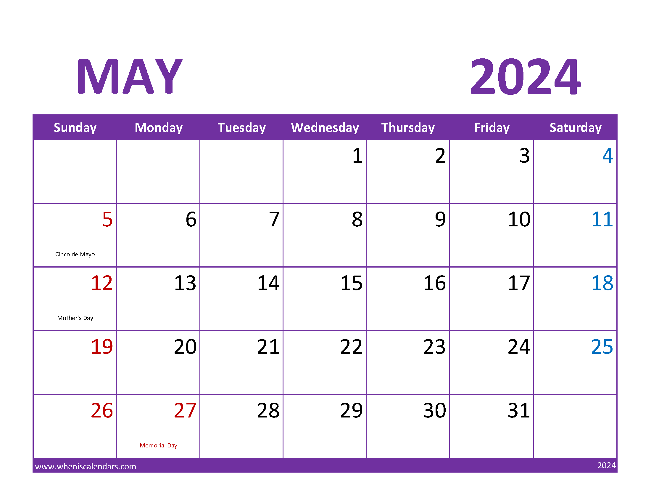 May Calendar 2024 Printable Free