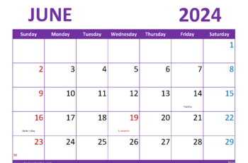 June Calendar 2024 Printable Free