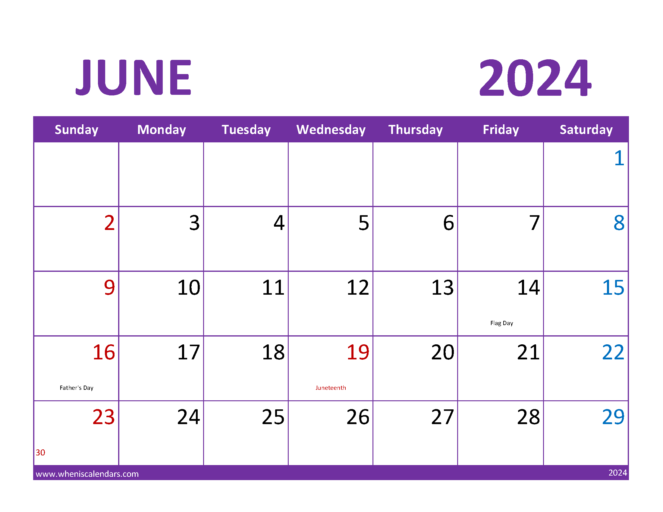 June Calendar 2024 Printable Free