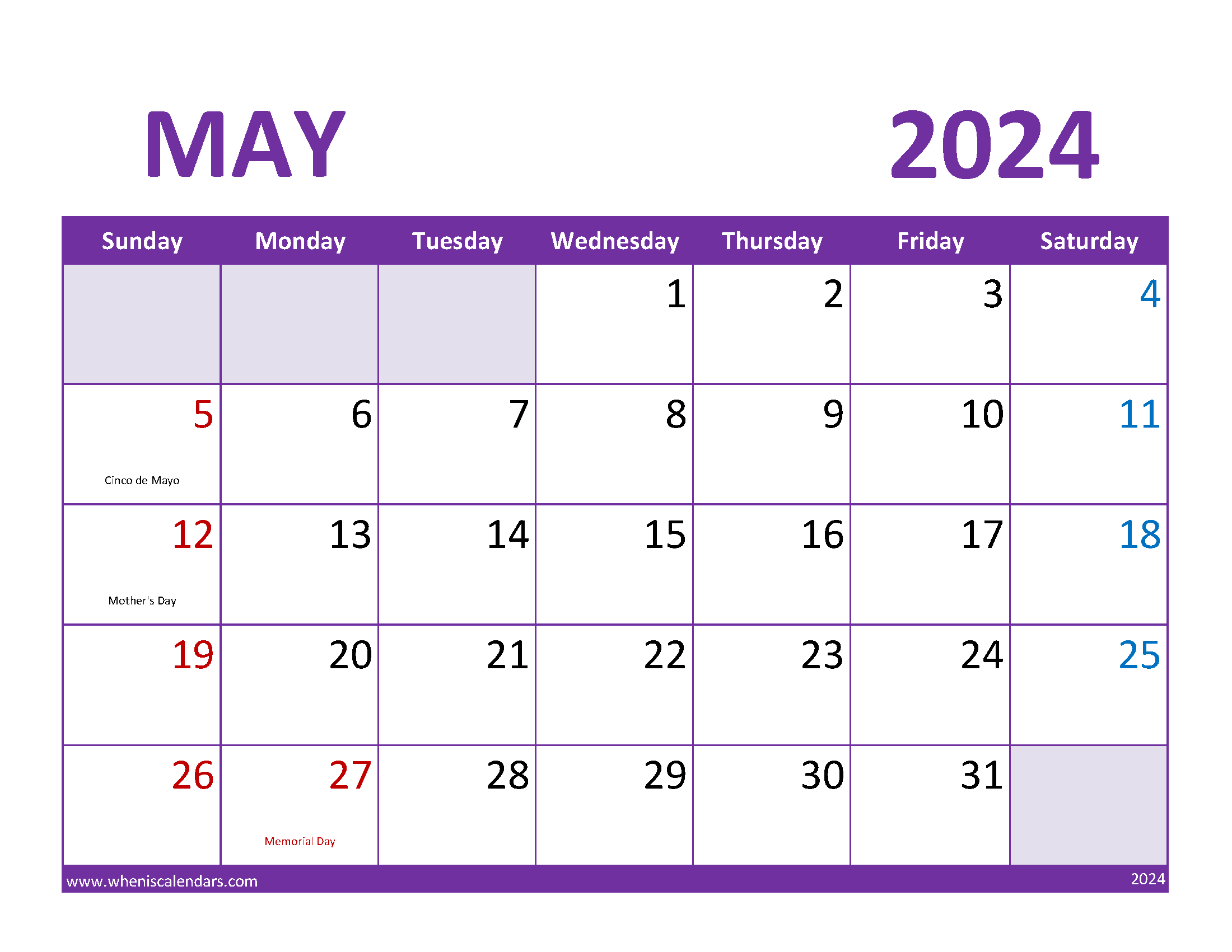 May 2024 Calendar Holidays List