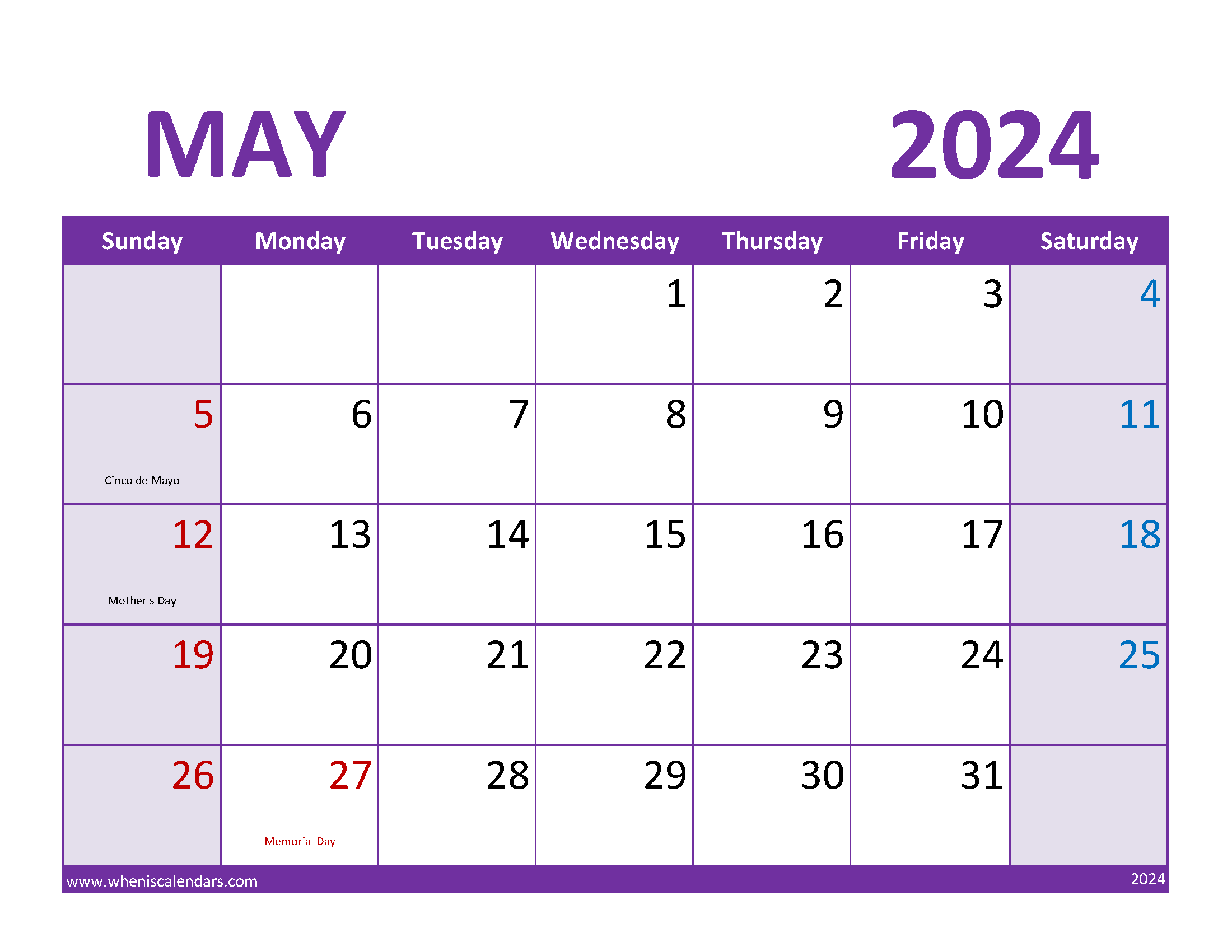 Printable May 2024 Calendar Free