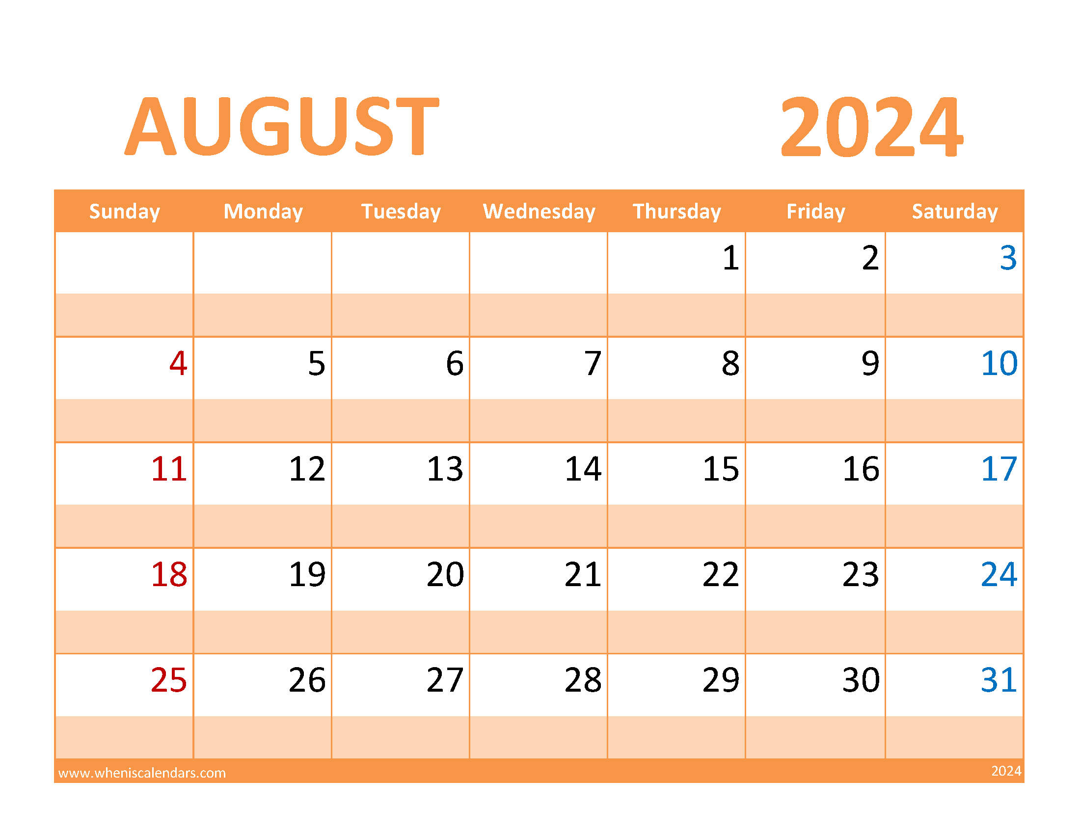 August Calendar 2024 Free Printable