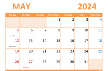 May Calendar with Holidays 2024