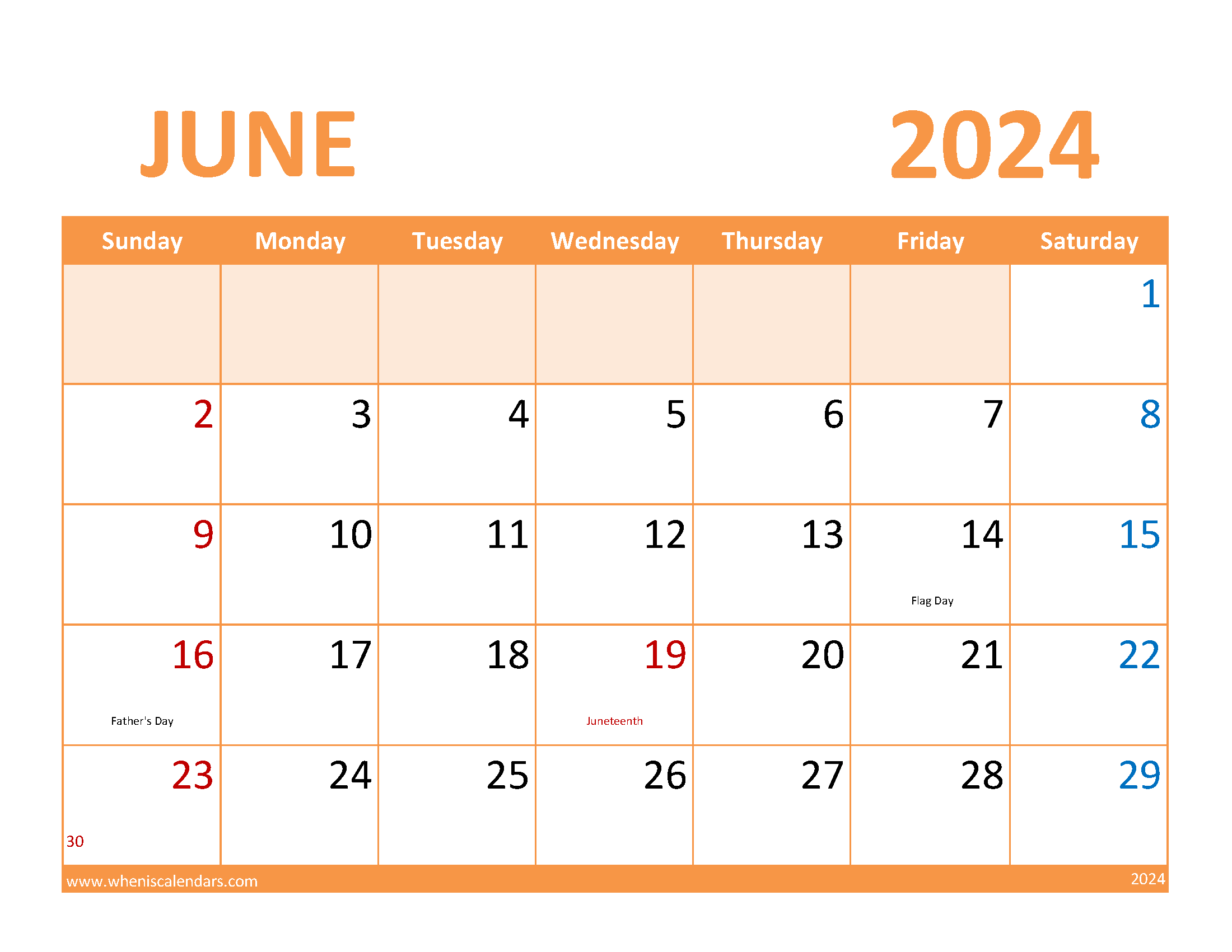 June Calendar with Holidays 2024