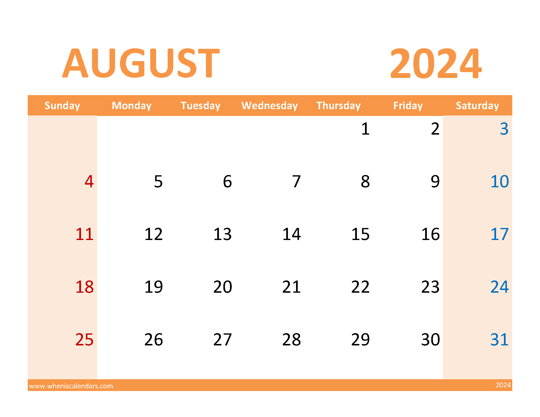 August 2024 Calendar Printable Free PDF
