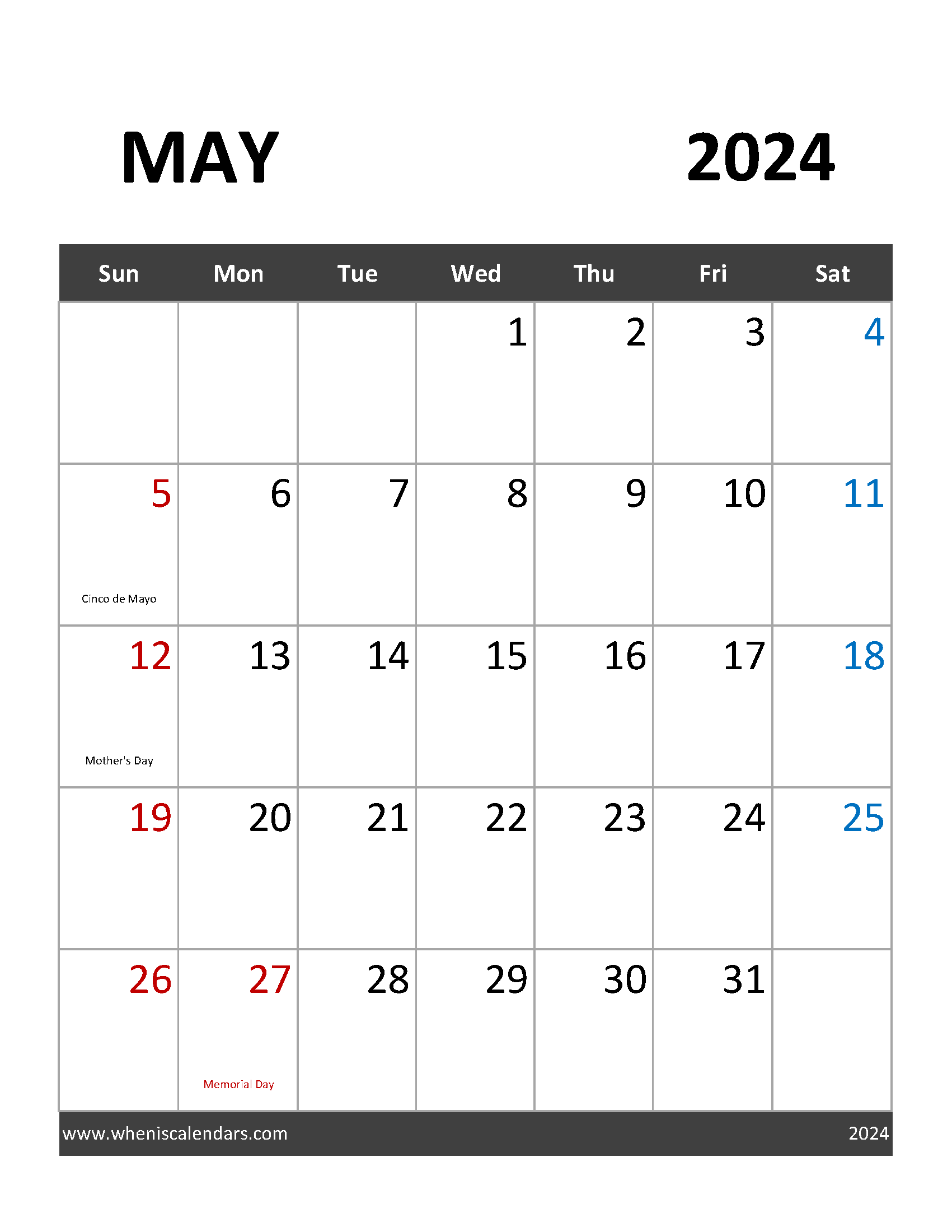 May 2024 Holidays Calendar