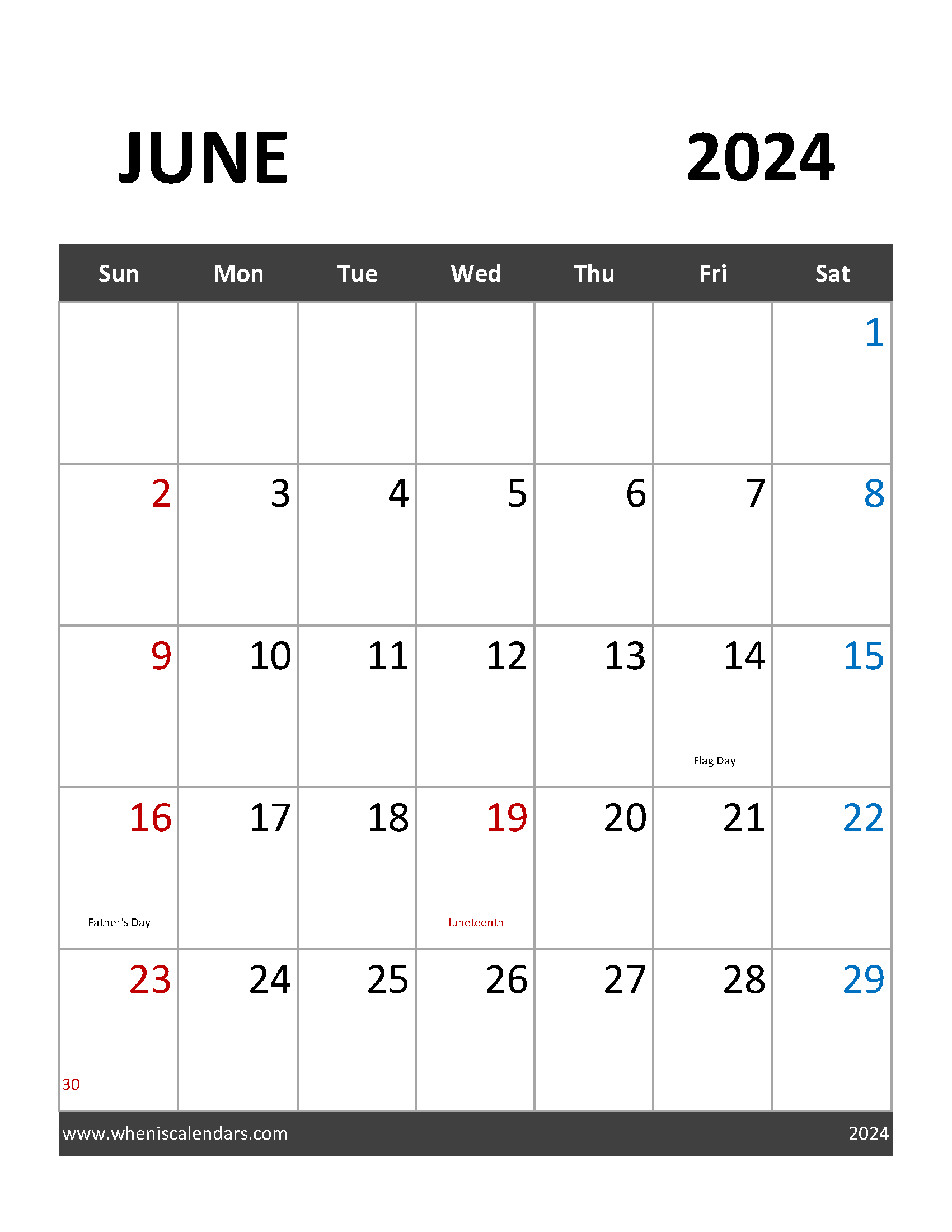 June 2024 Holidays Calendar