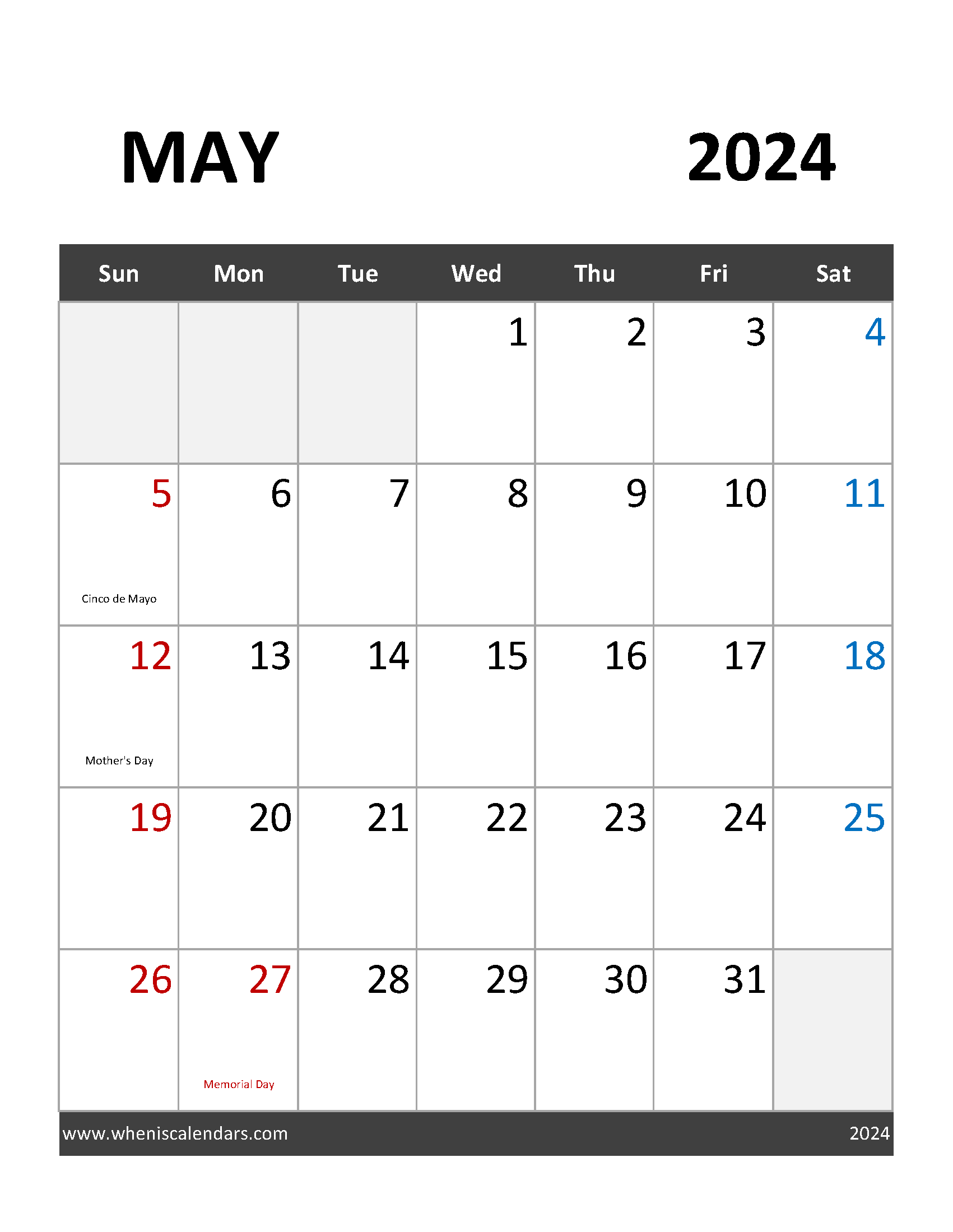 Blank Calendar May 2024 Free Printable