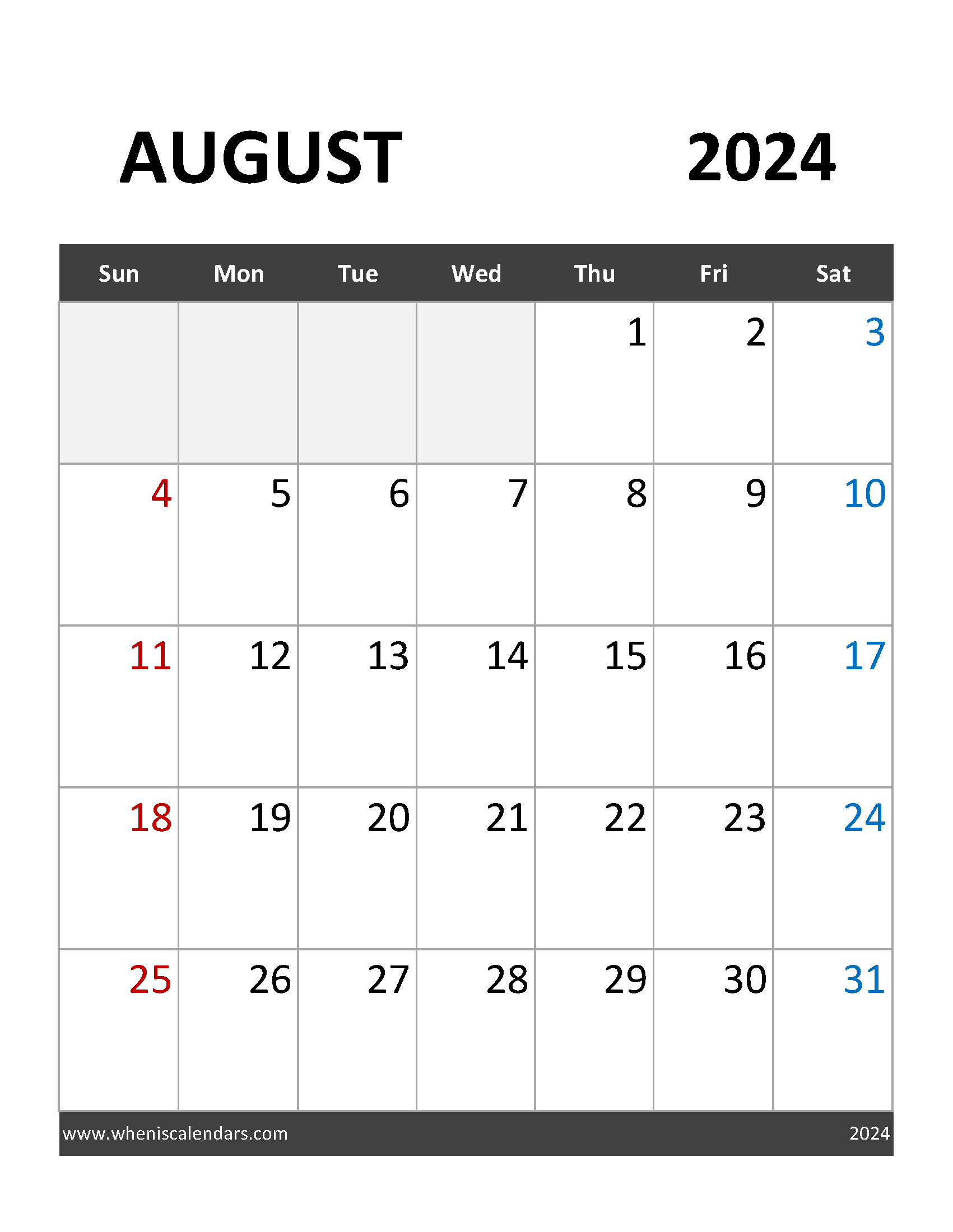 Blank Calendar August 2024 Free Printable