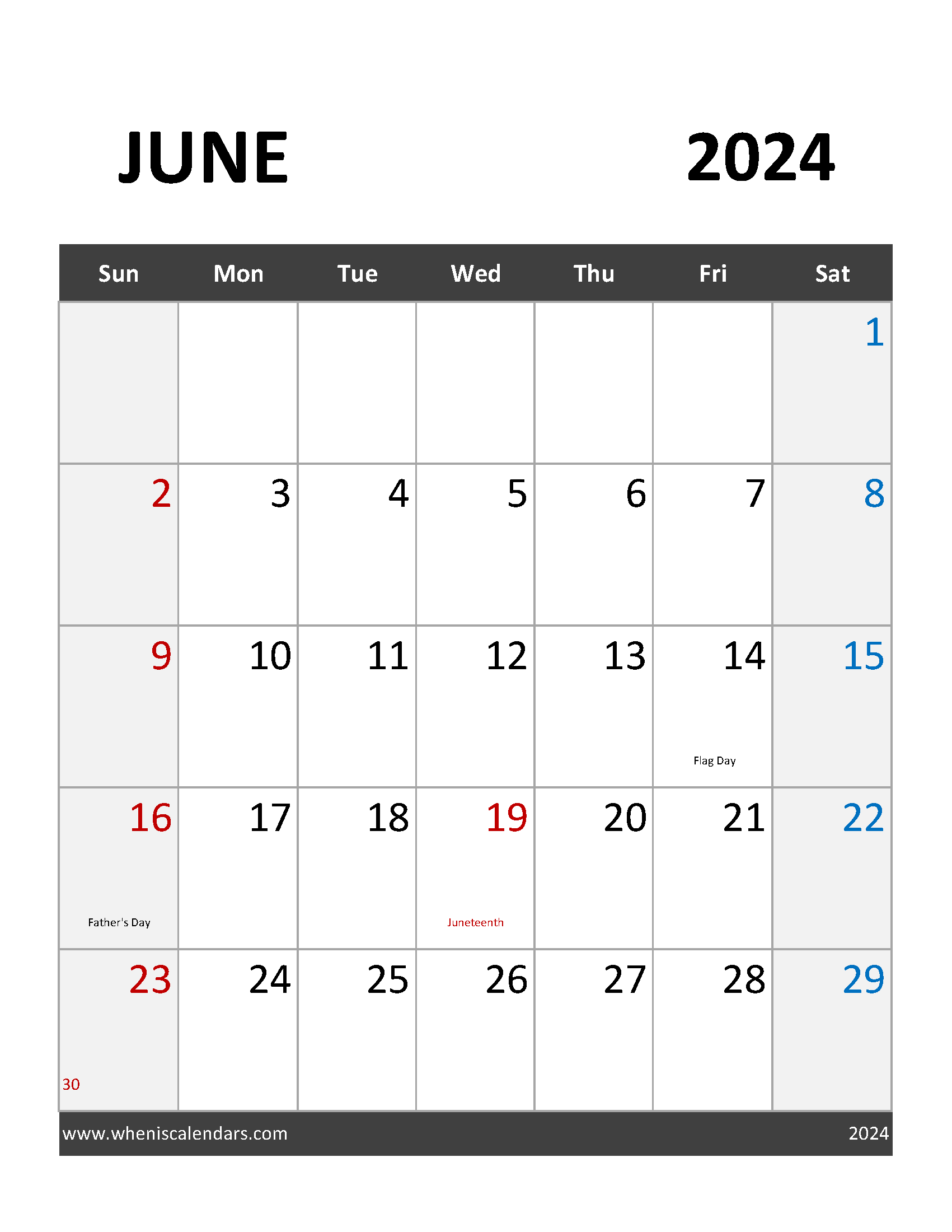 June Calendar 2024 Holidays