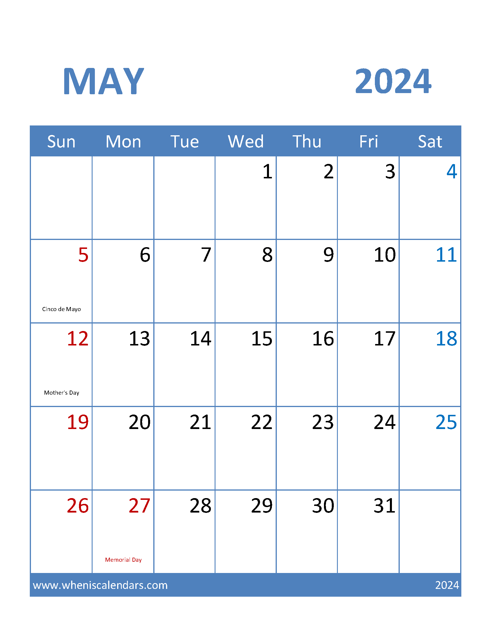 Free Printable 2024 May Calendar