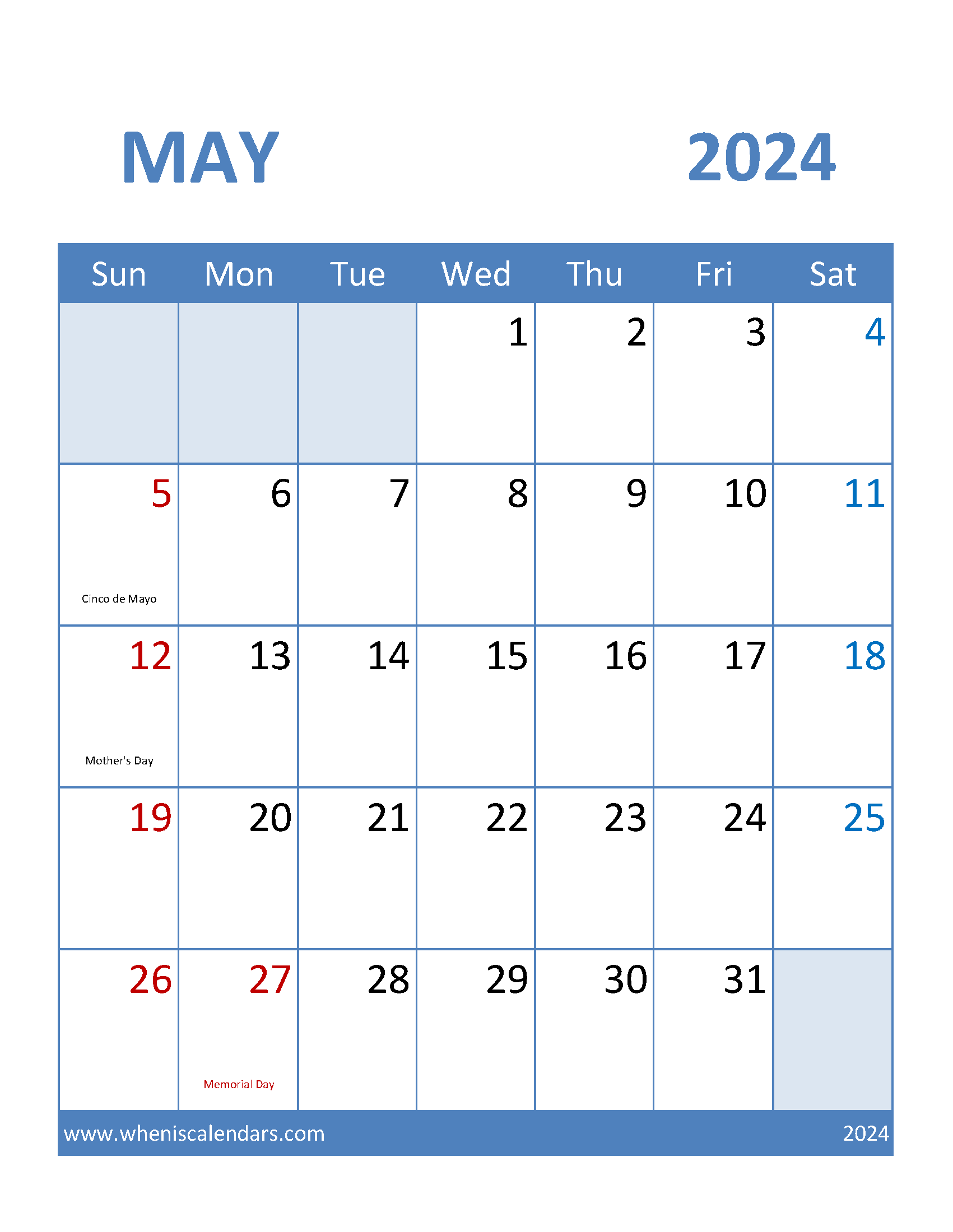 Blank Calendar May 2024 Printable