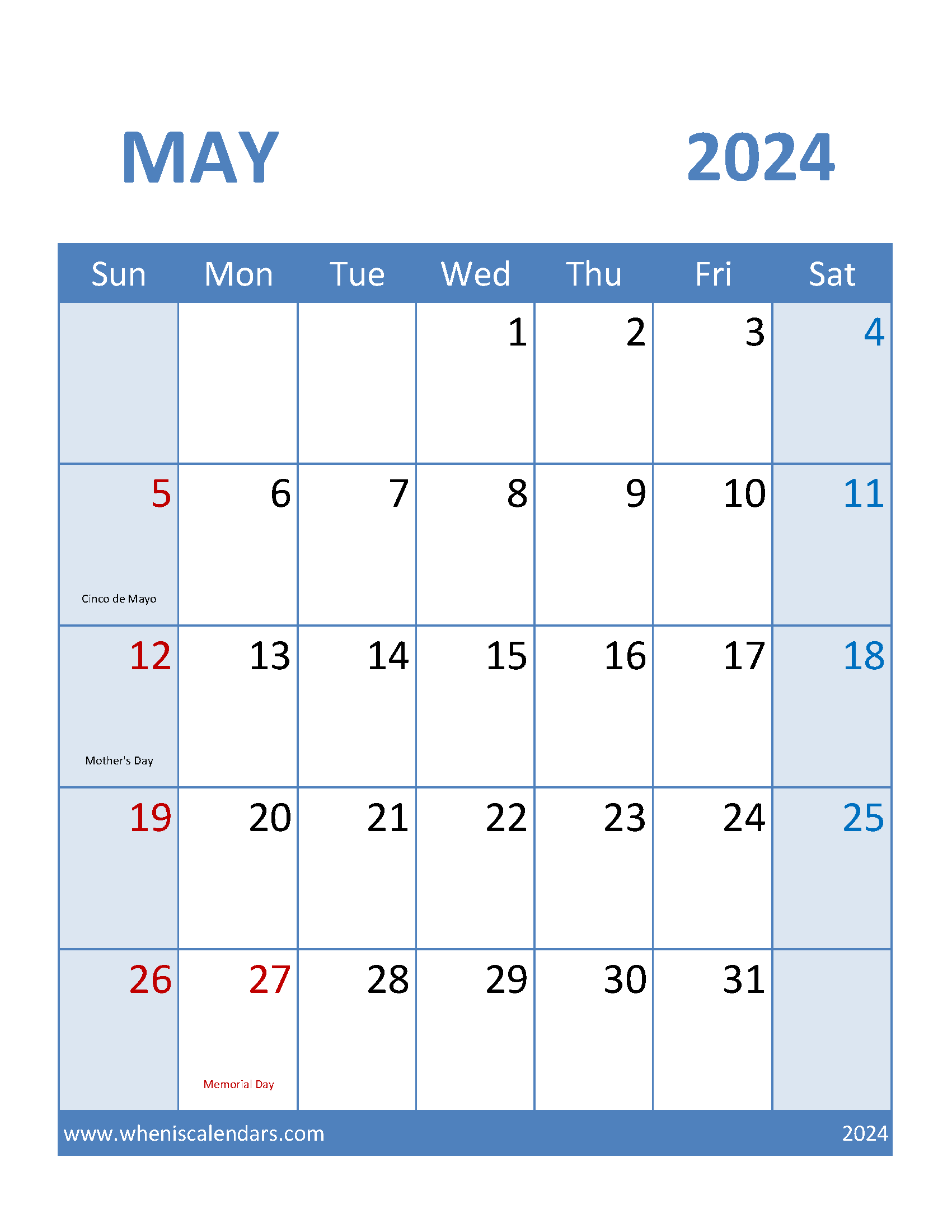 Free Printable Monthly Calendar May 2024