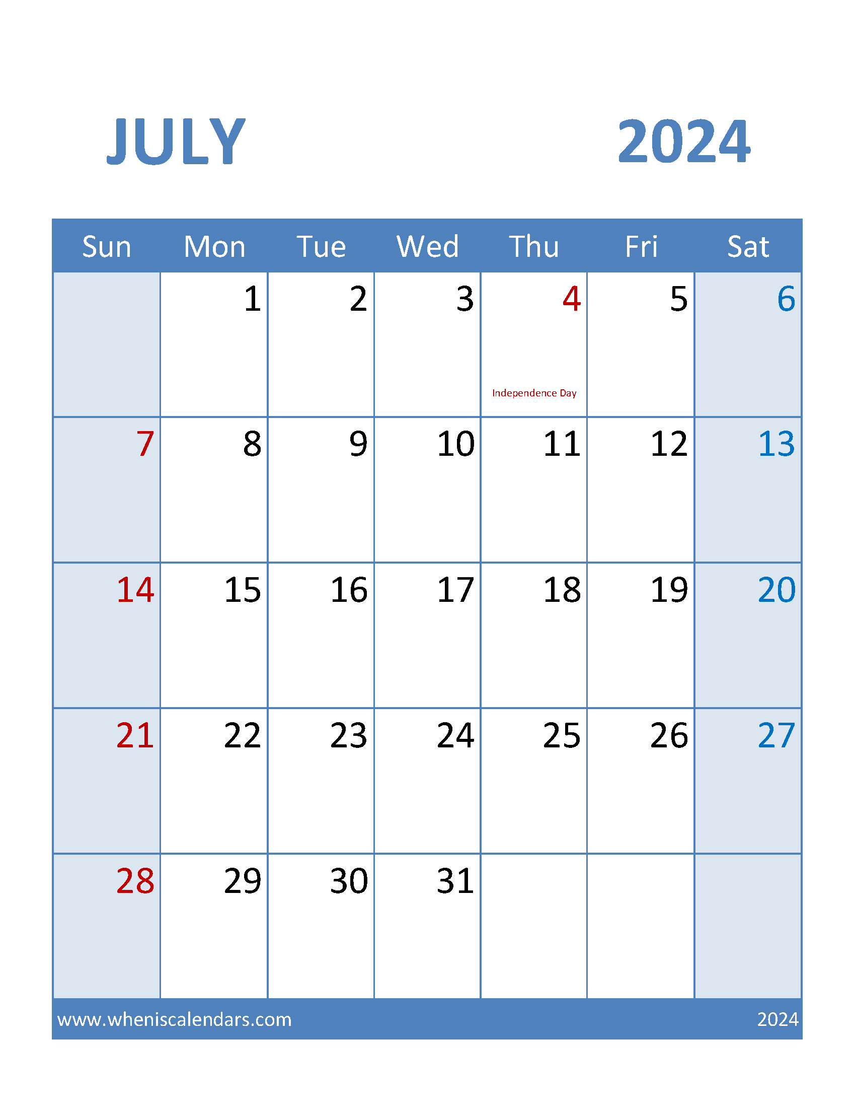 Free Printable Monthly Calendar July 2024