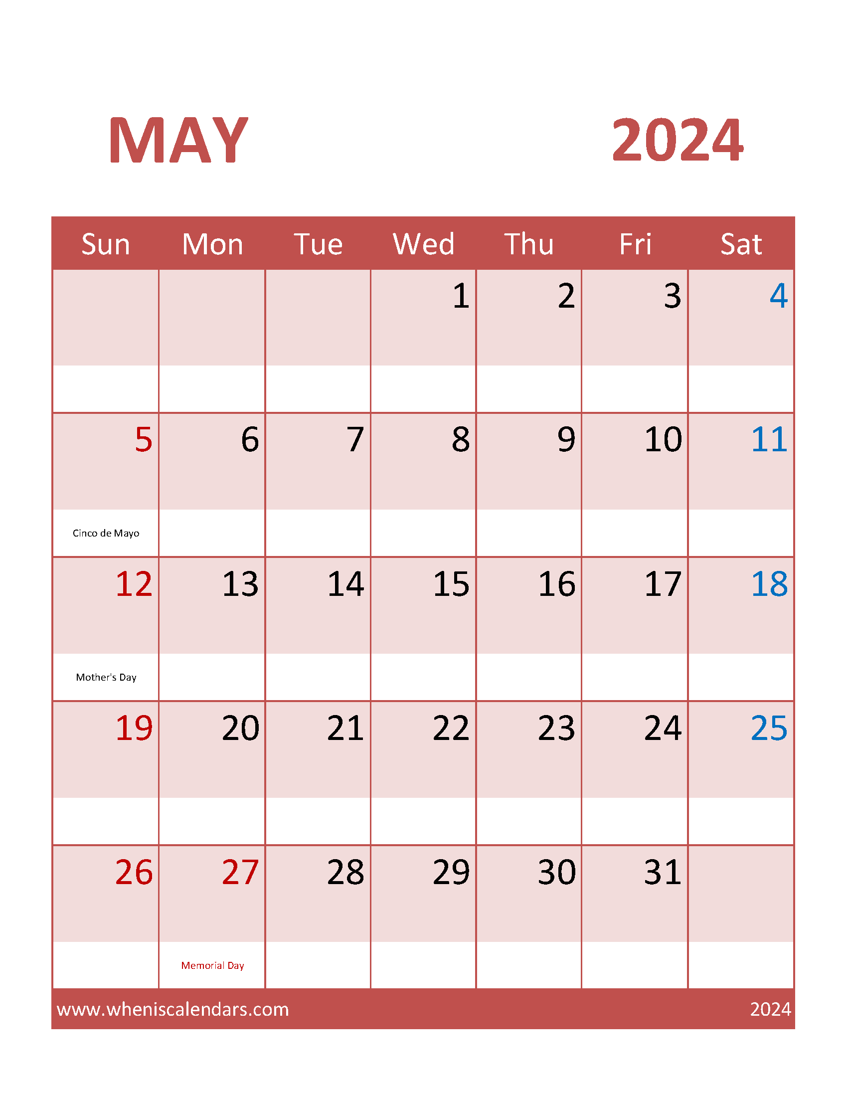 May Calendar 2024 Template