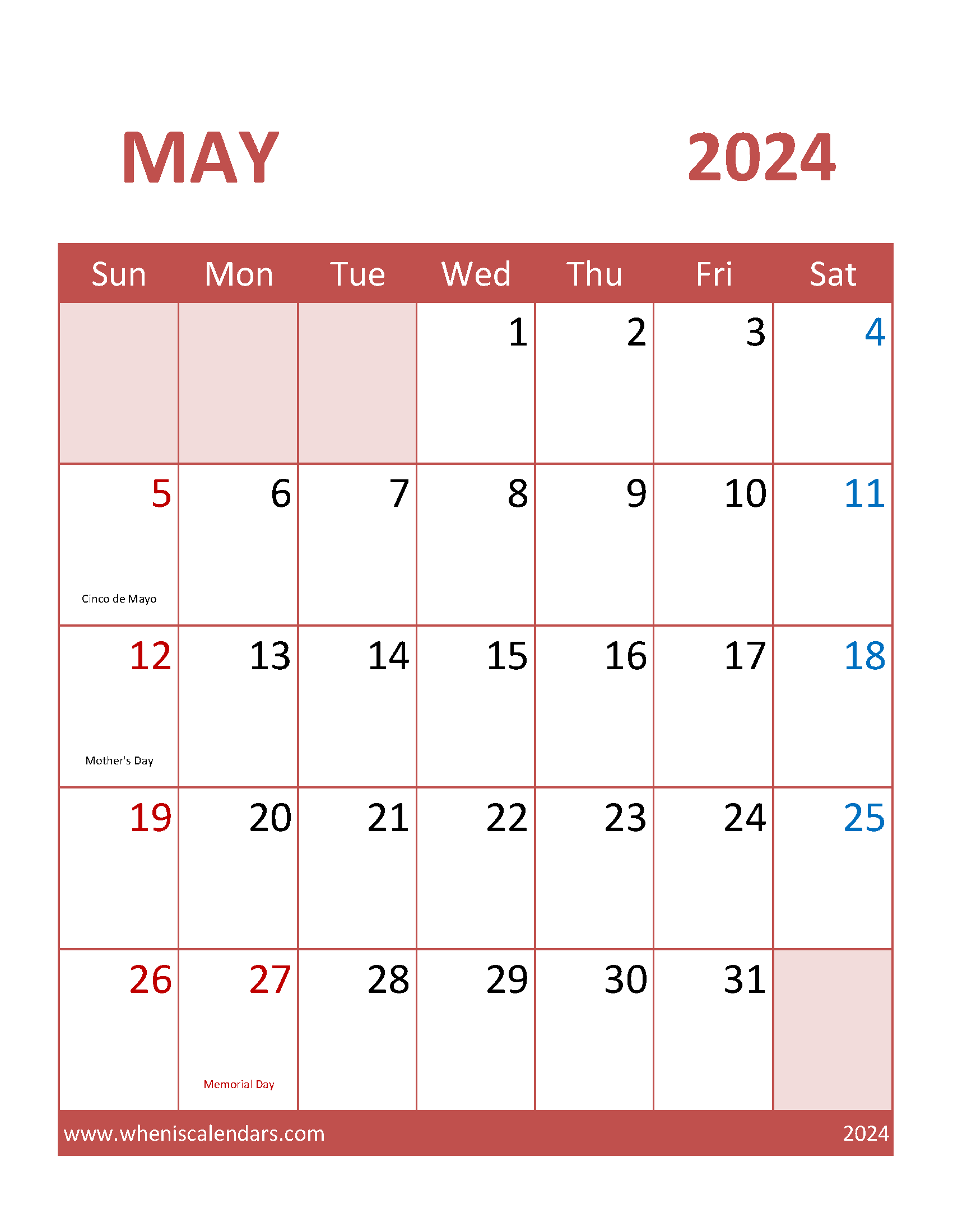 Print May Calendar 2024