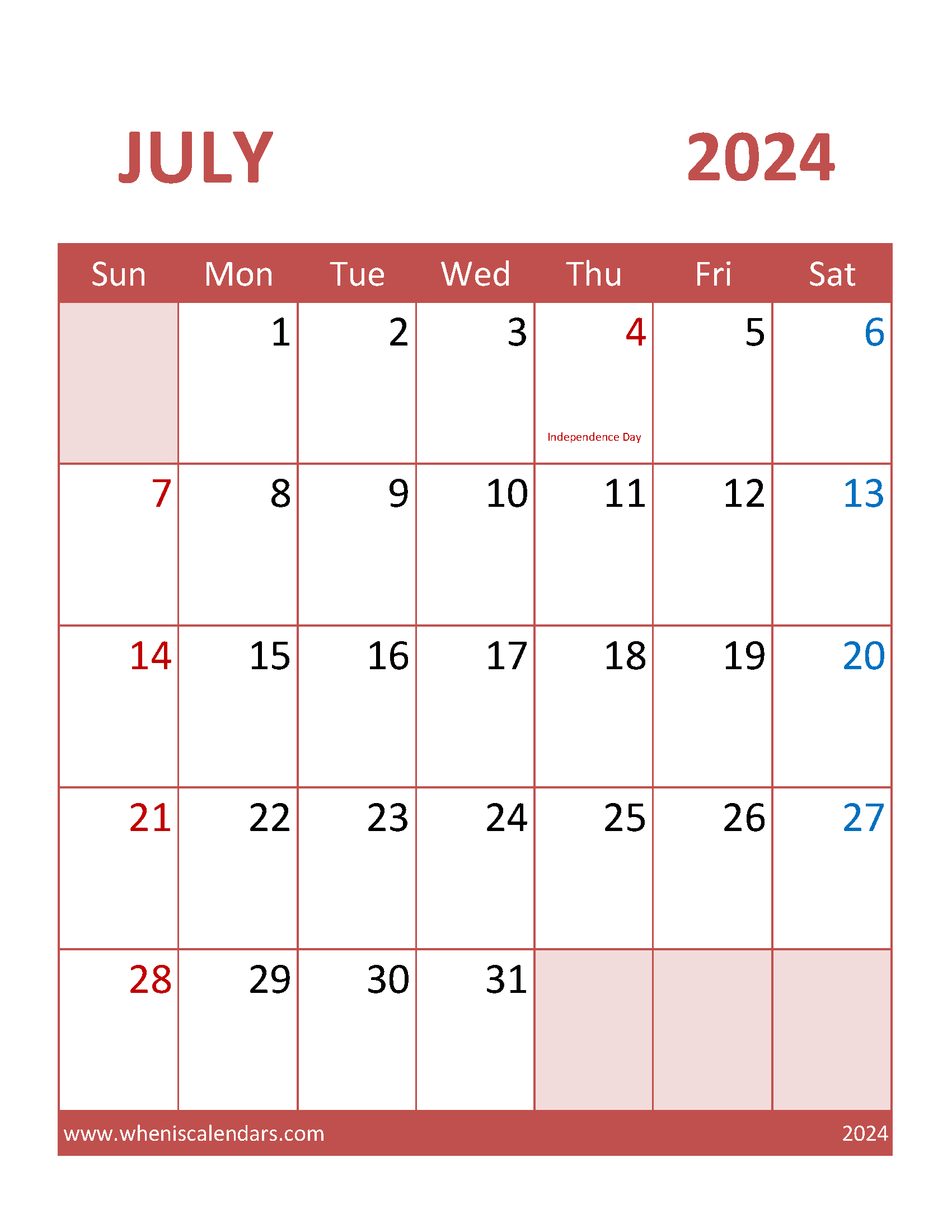 Print July Calendar 2024