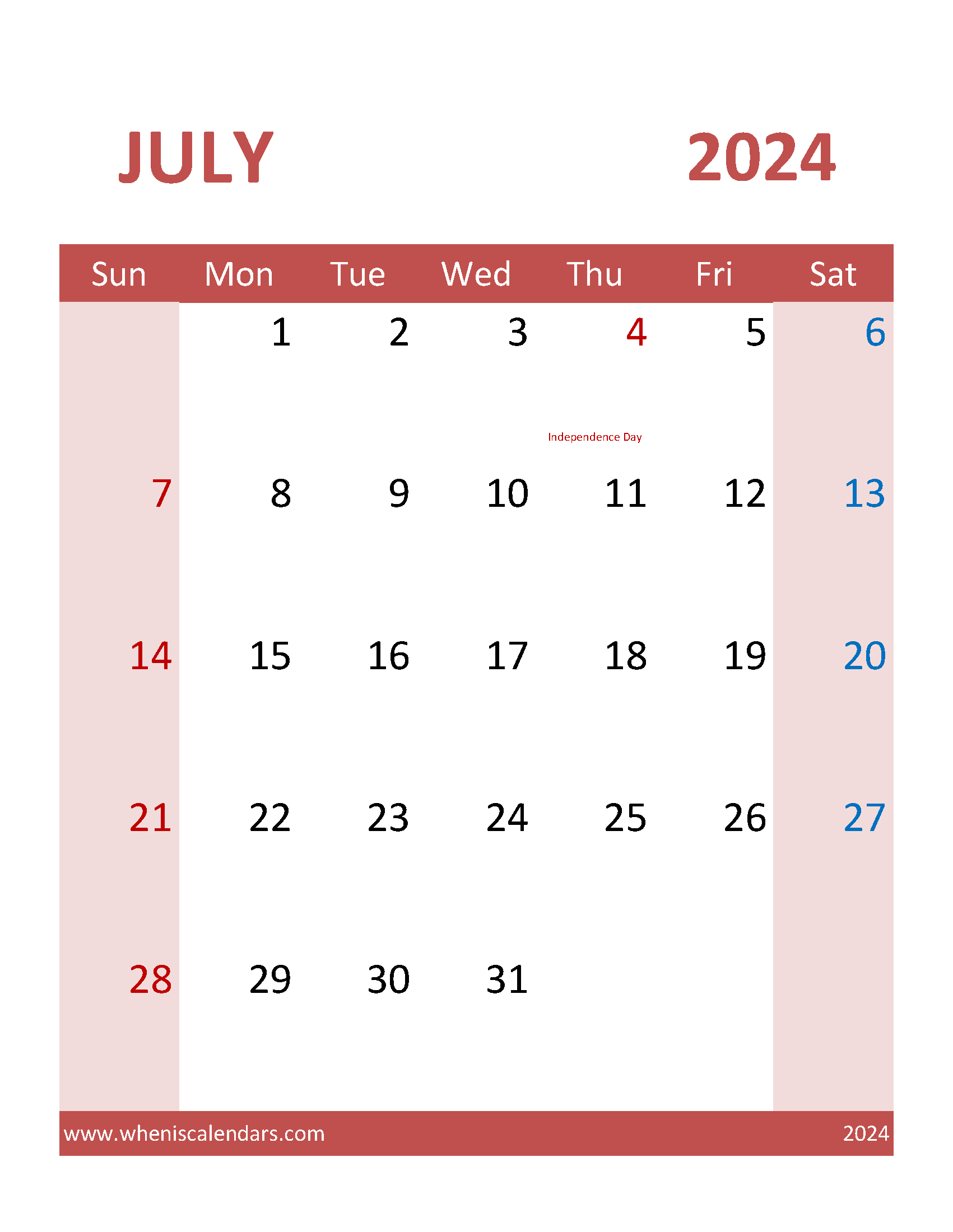 July 2024 Calendar Word Template