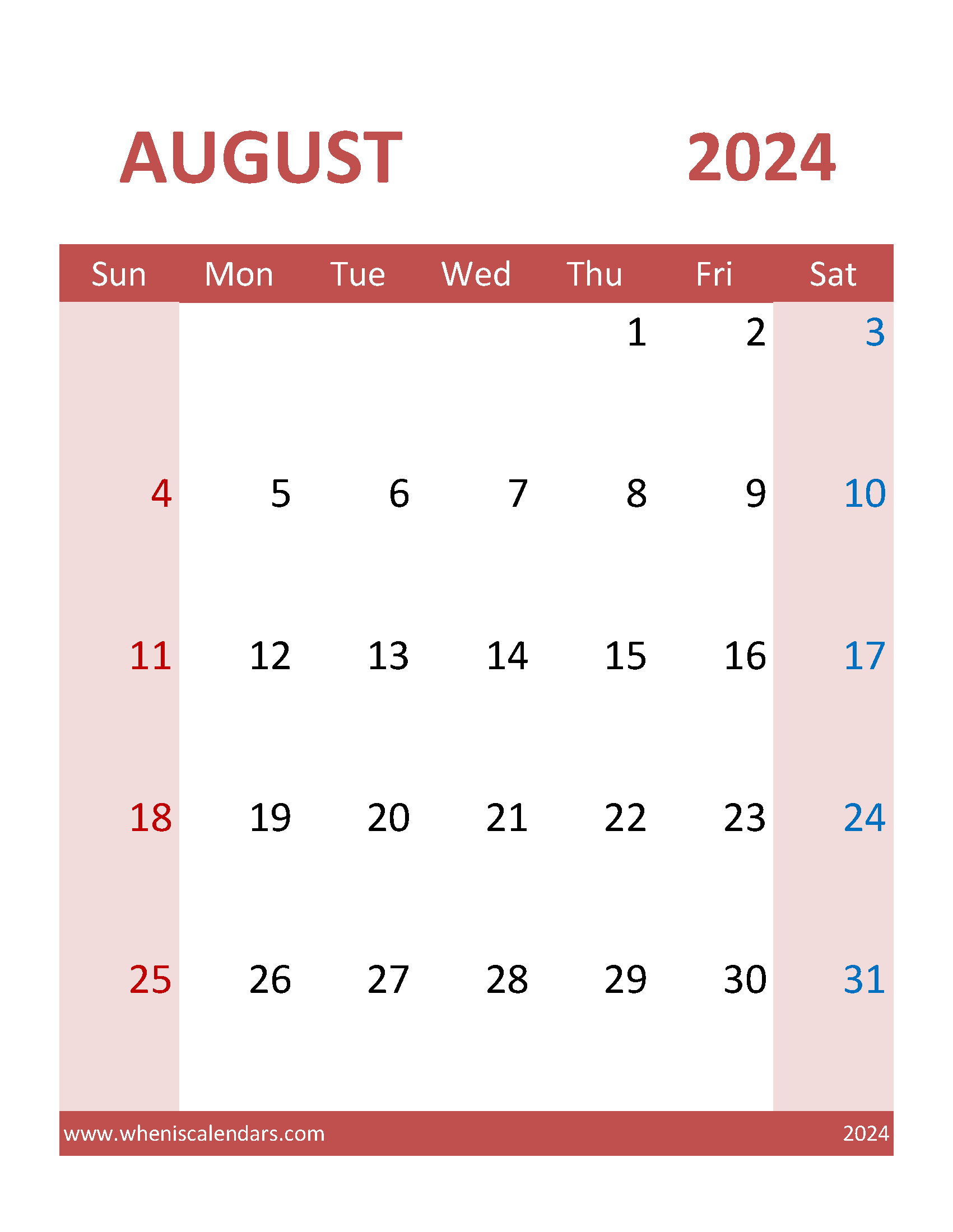 August 2024 Calendar Word Template