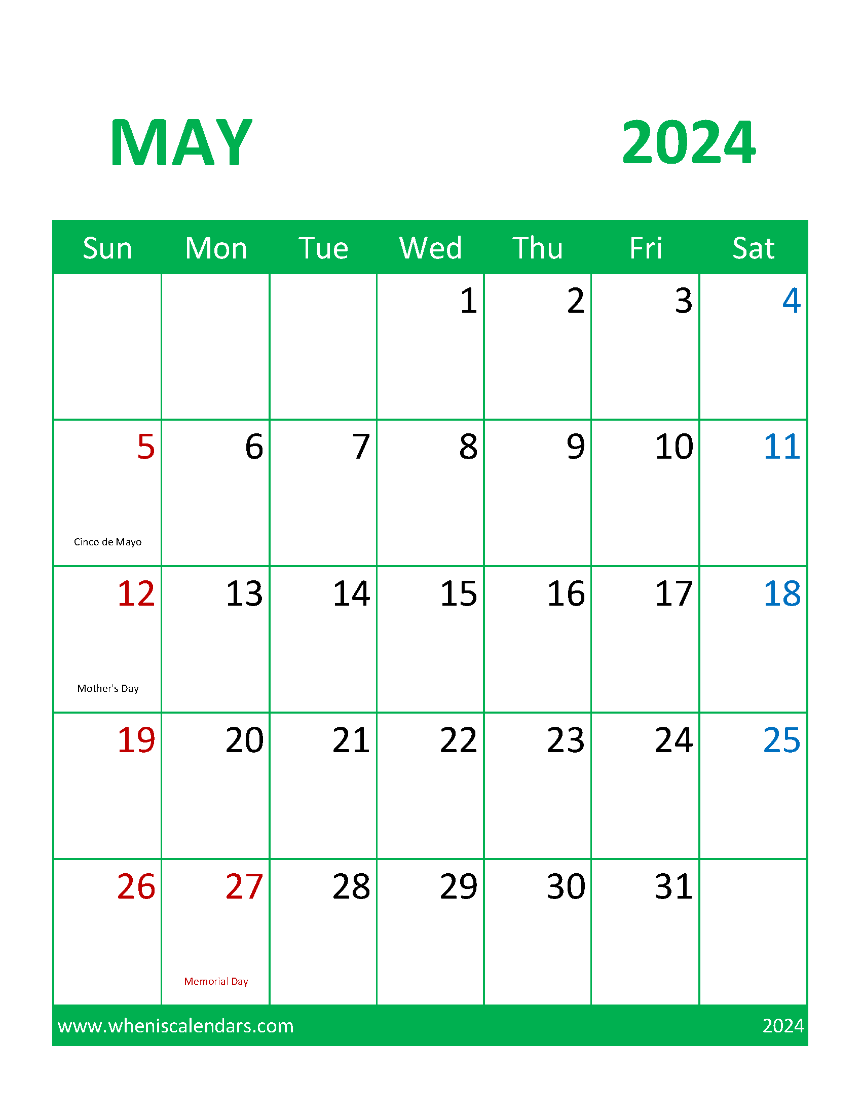 May 2024 Calendar Printable Cute