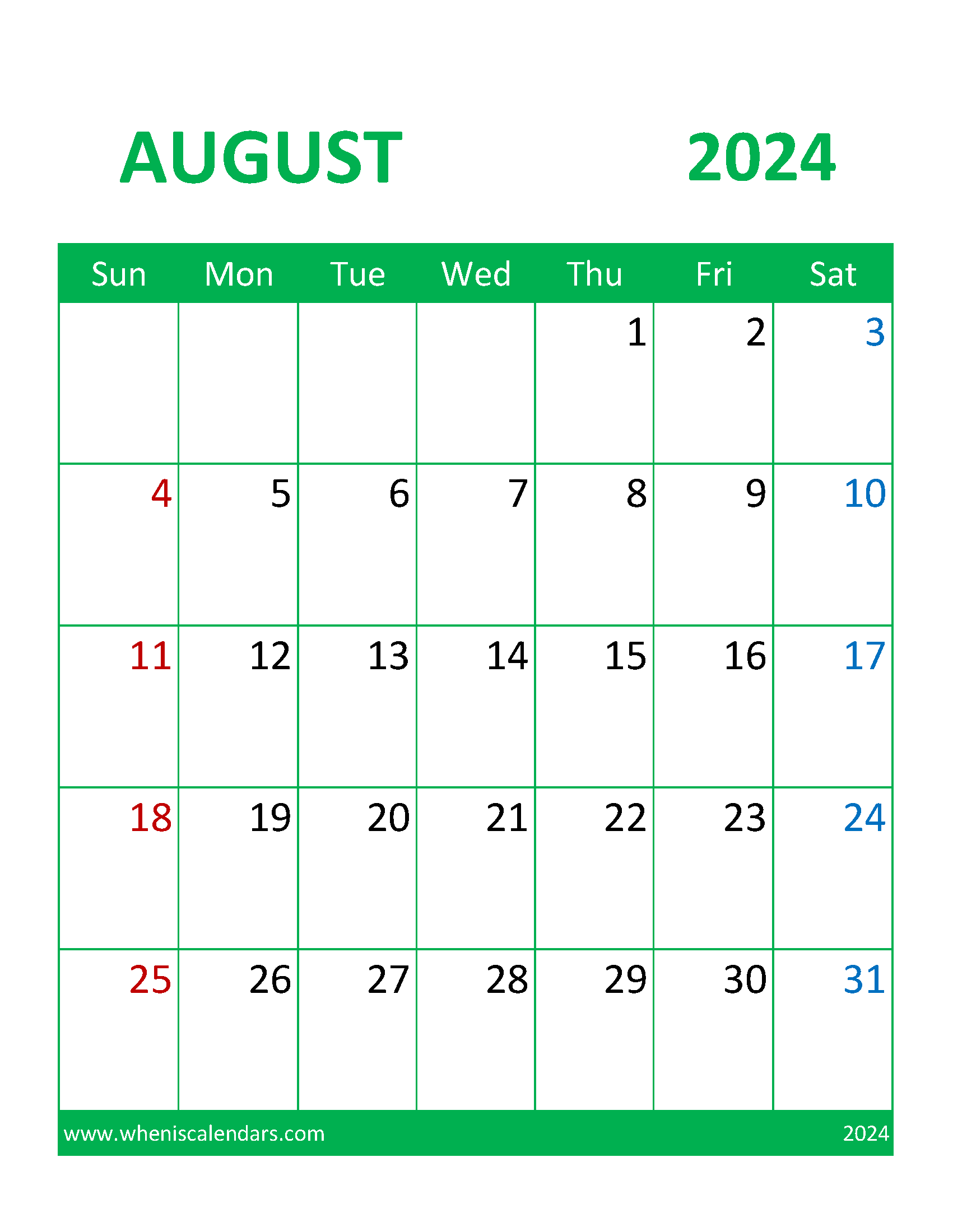 August 2024 Calendar Printable Cute