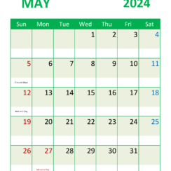 May 2024 Calendar with Holidays Free Printable