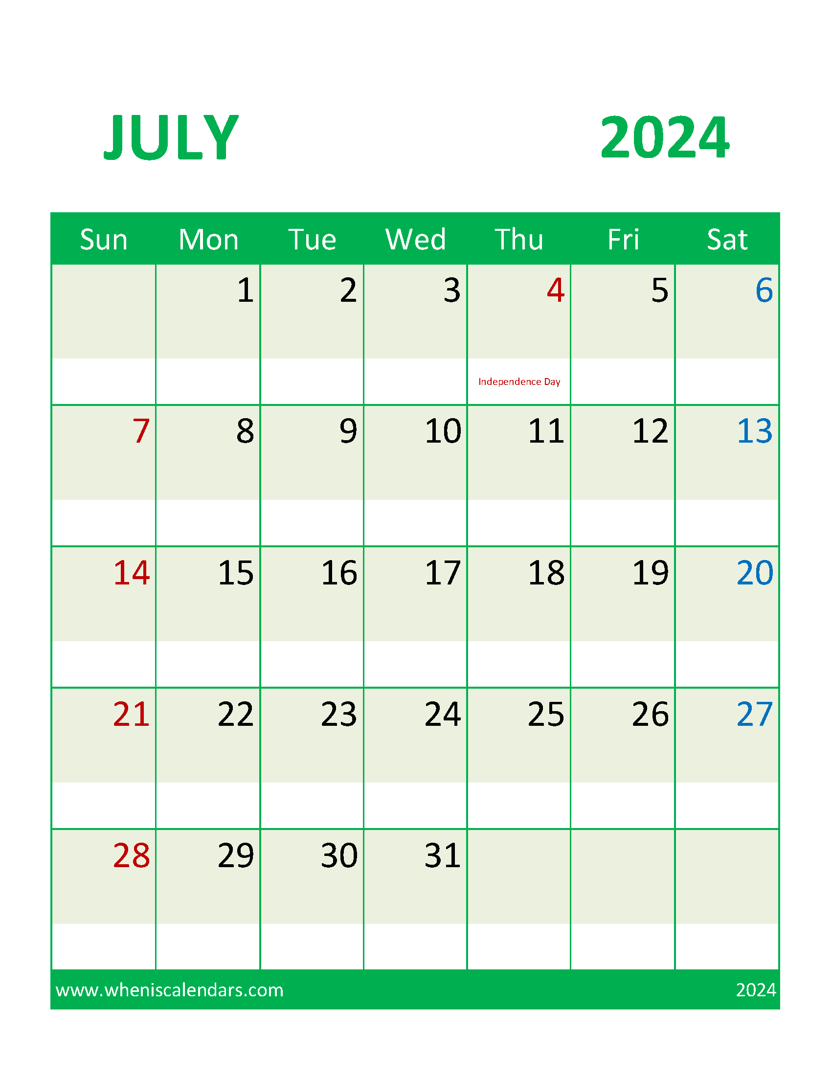 July 2024 Calendar with Holidays Free Printable