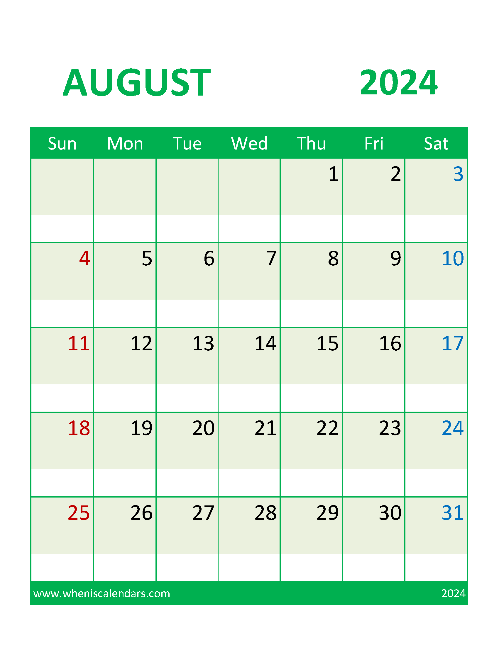 August 2024 Calendar with Holidays Free Printable