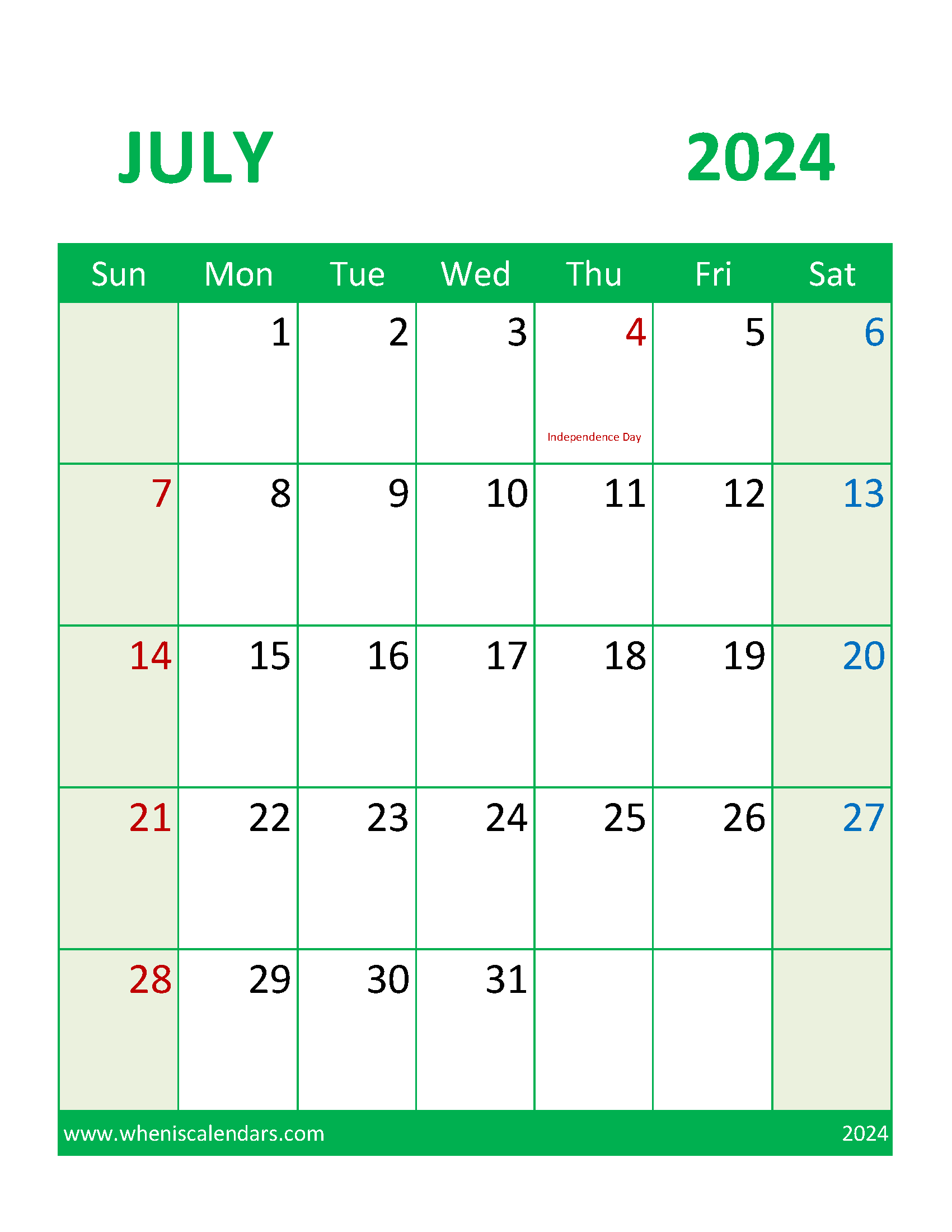 Printable Calendar July 2024 Free