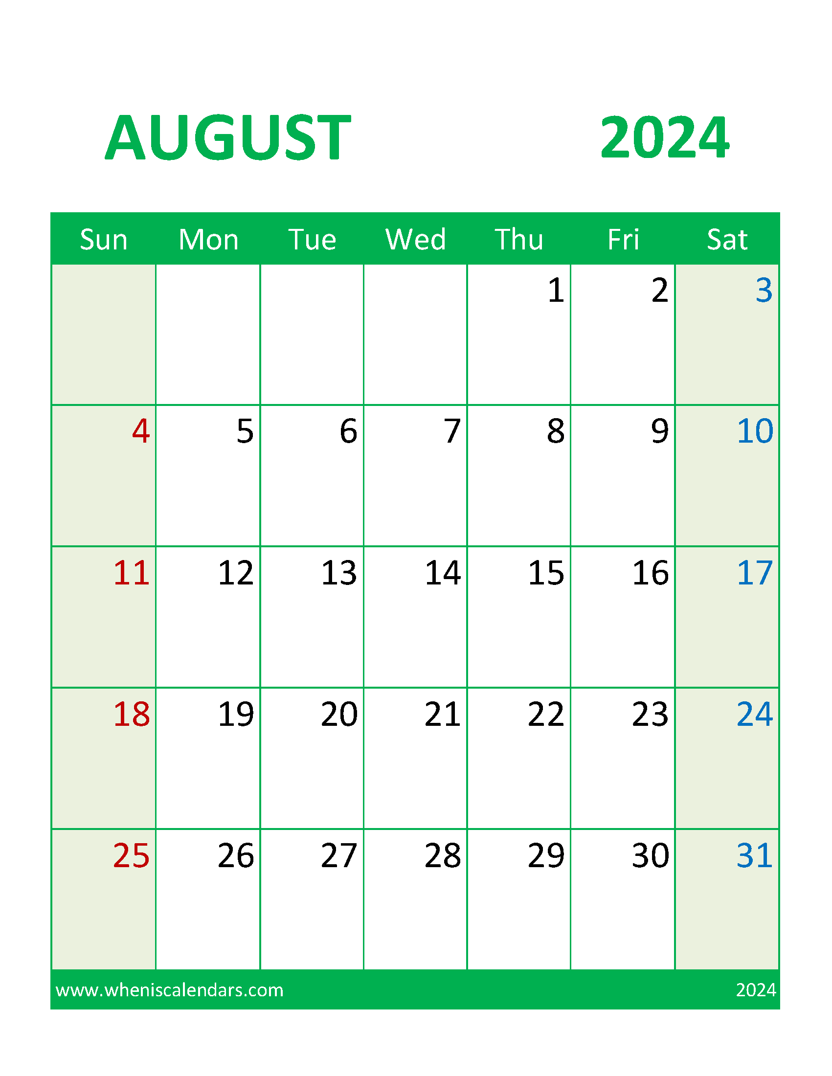Printable Calendar August 2024 Free