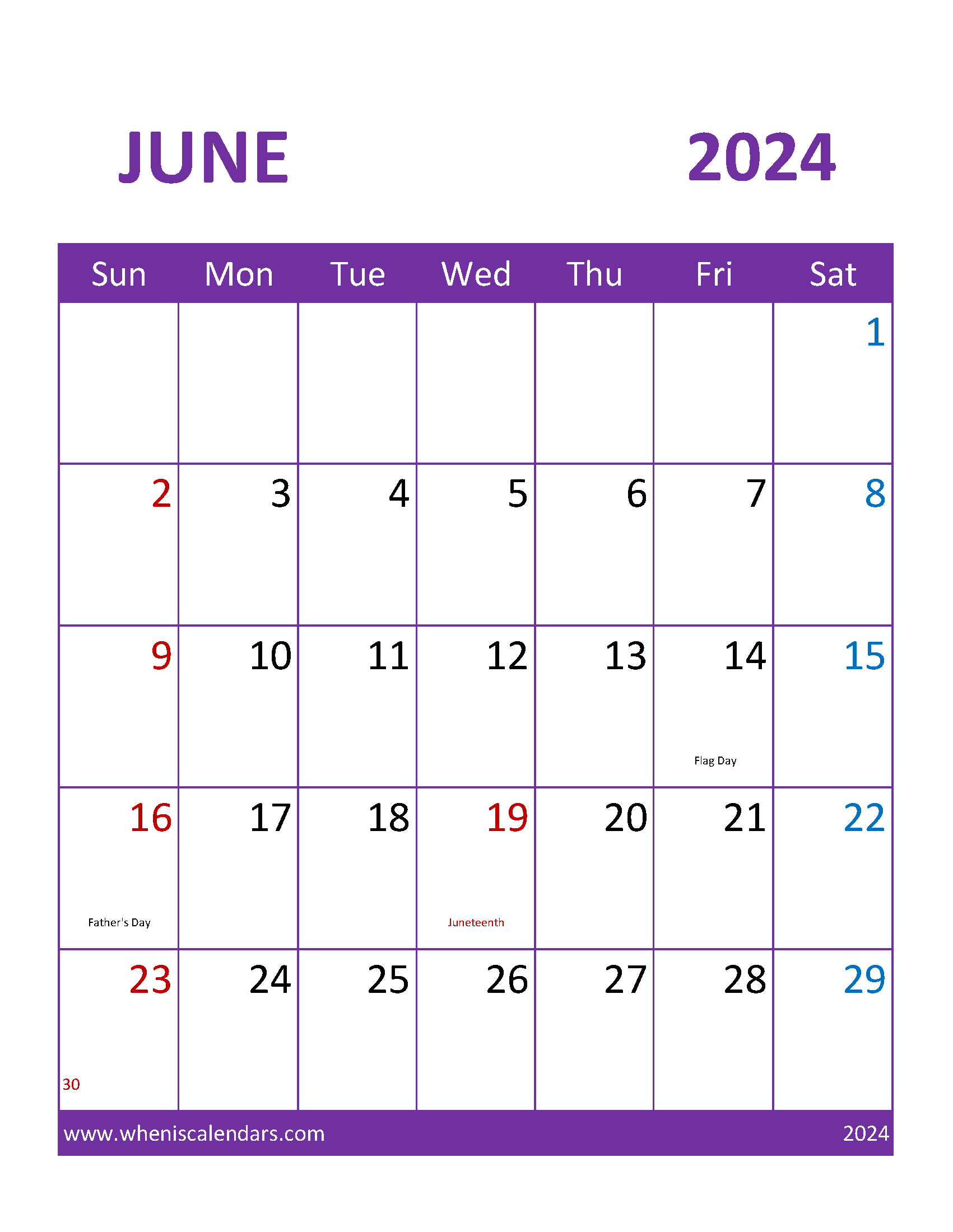 June 2024 Calendar Editable Word