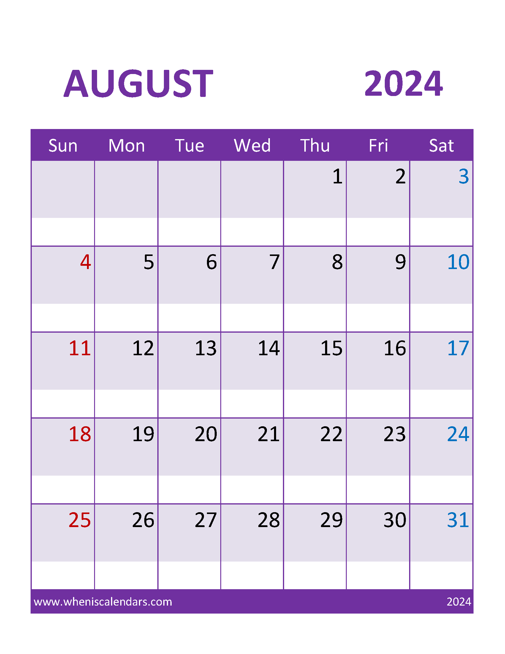 Blank Printable August 2024 Calendar