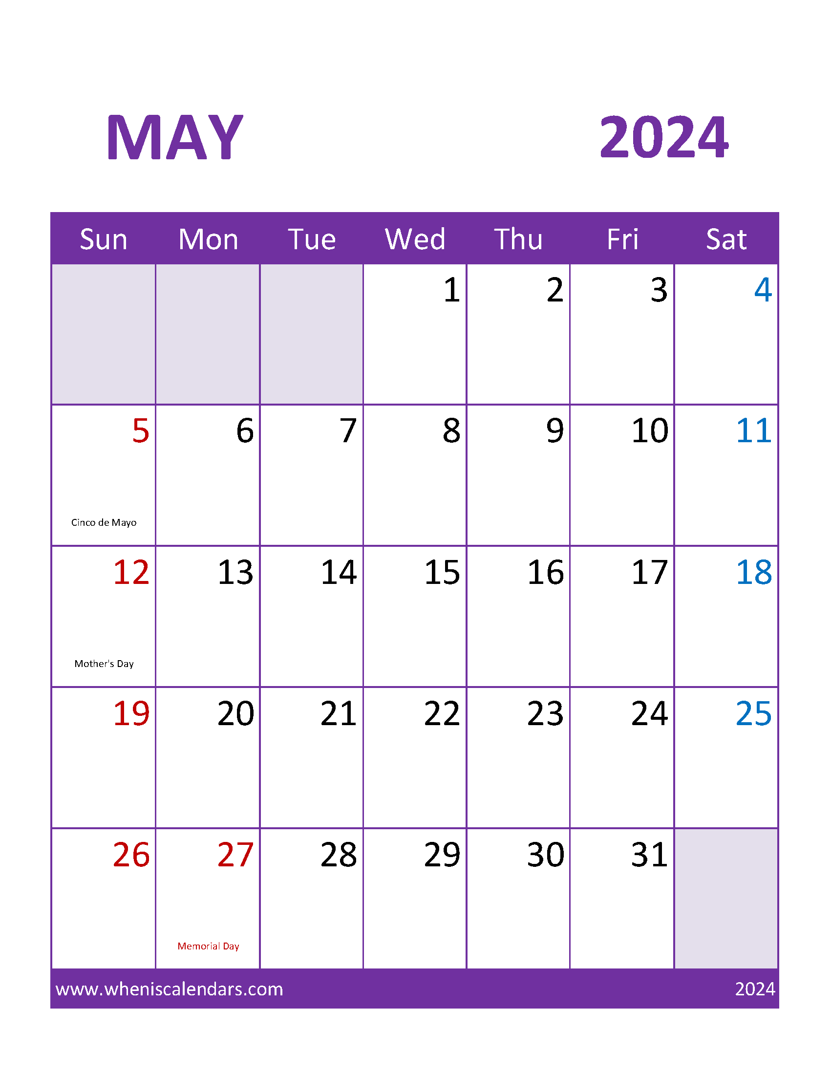 Free May 2024 Calendar Template
