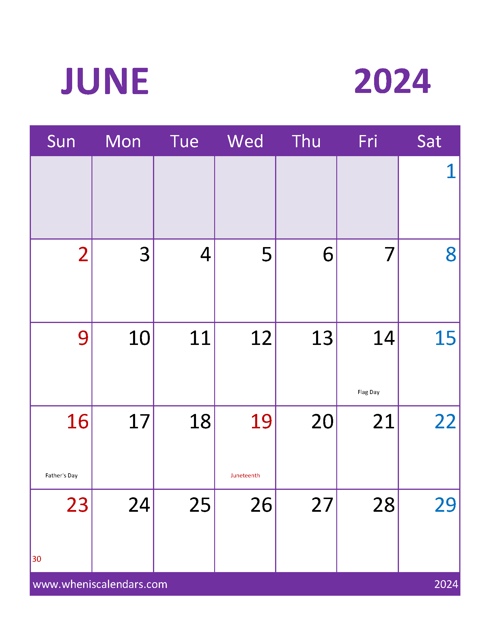Free June 2024 Calendar Template