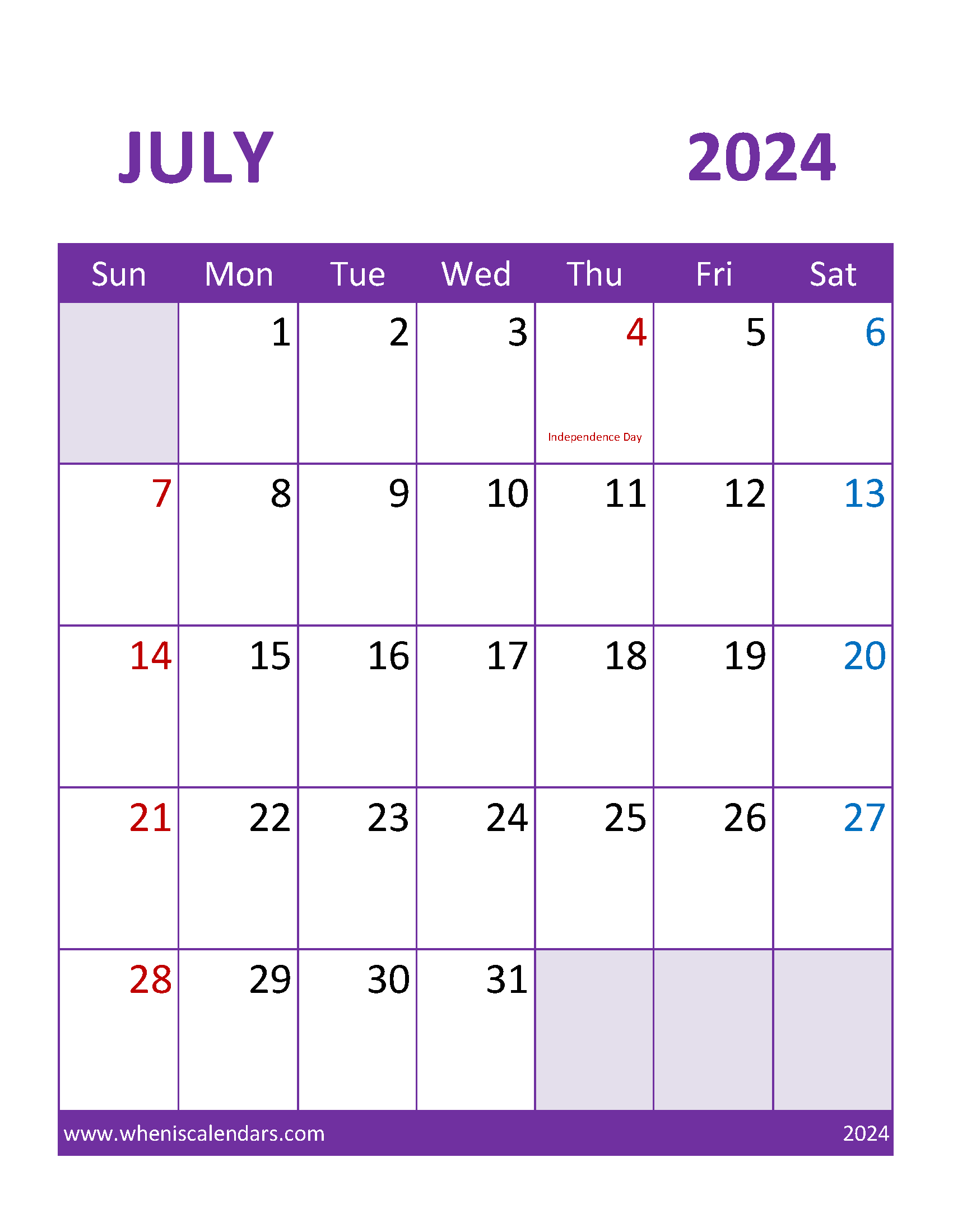 Free July 2024 Calendar Template
