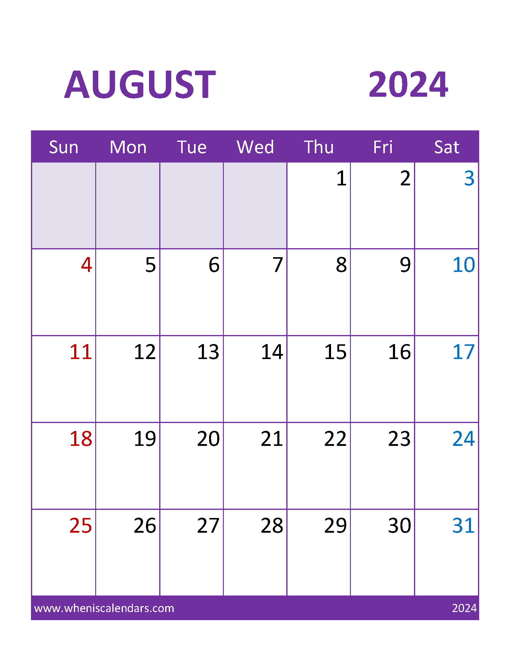 Free August 2024 Calendar Template