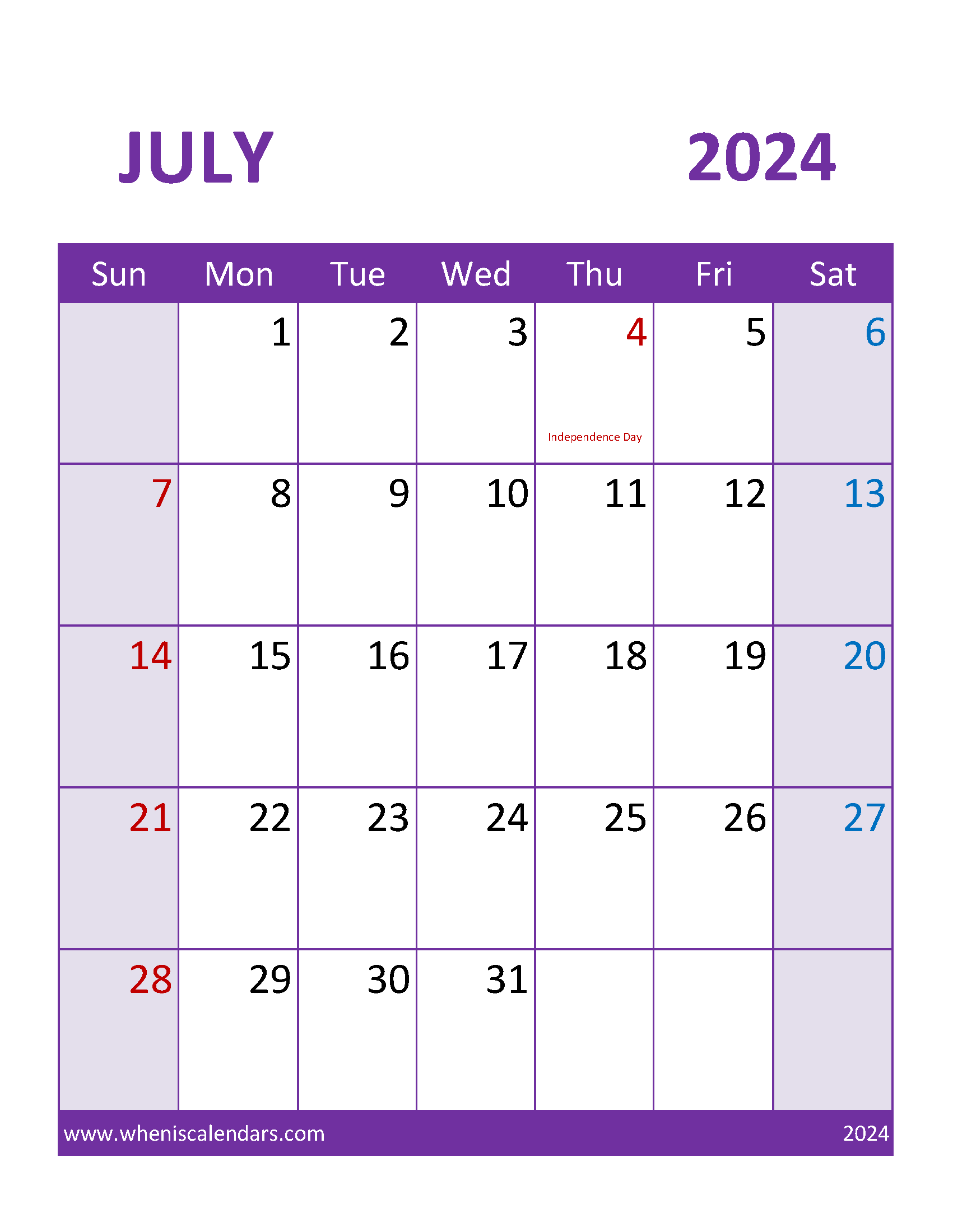 July 2024 Calendar Print out