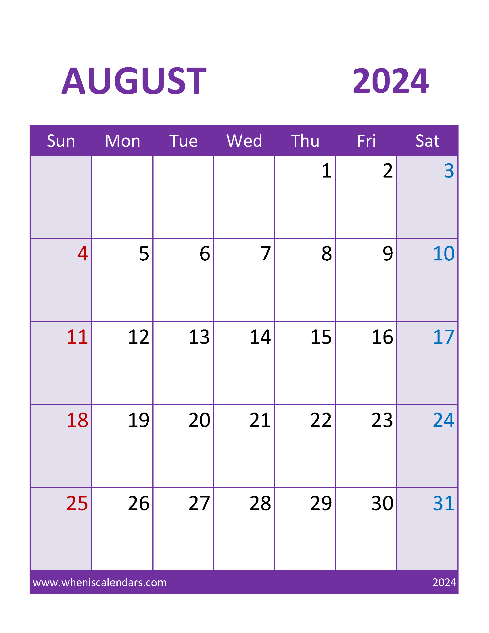 August 2024 Calendar Print out