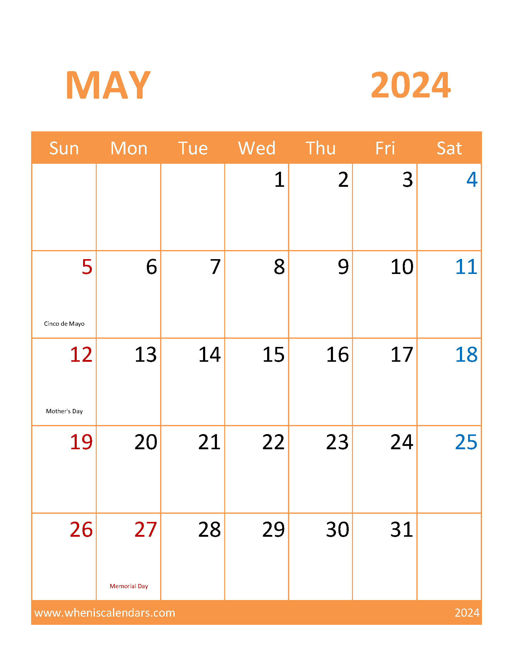 Calendar Template May 2024 Printable