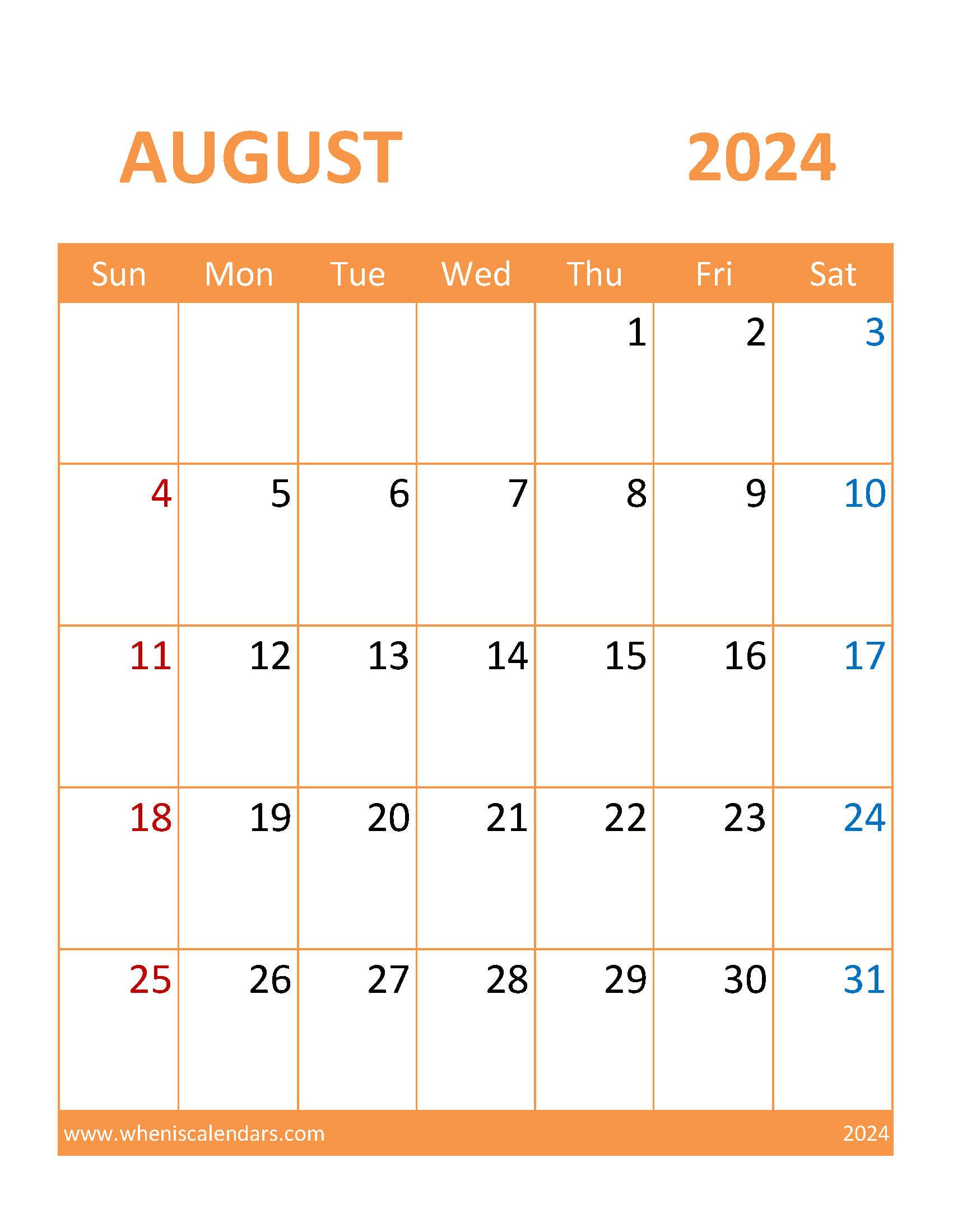 Calendar Template August 2024 Printable