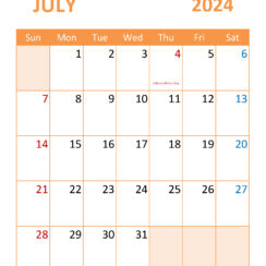 Calendar July 2024 Excel