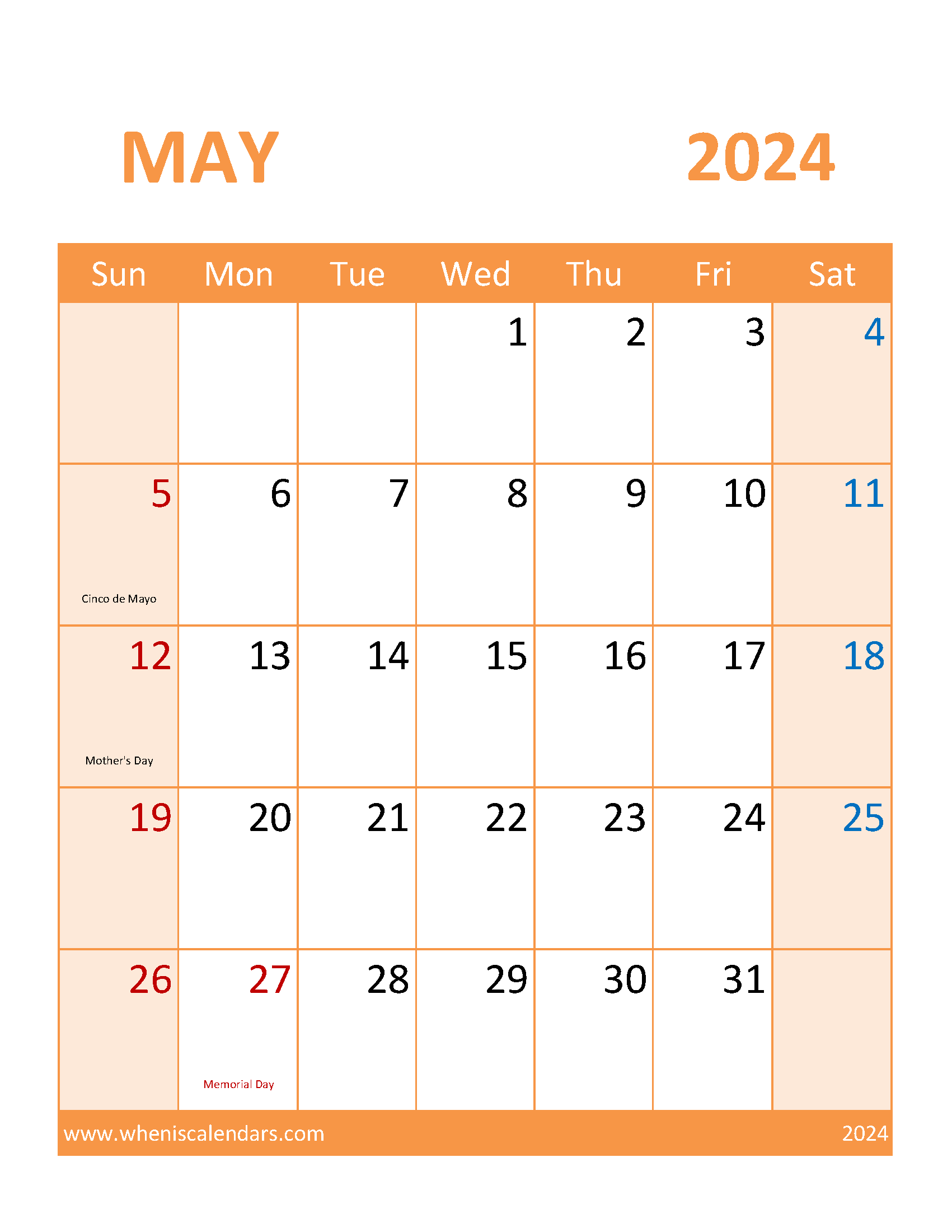 Free Printable May 2024 Calendar Page