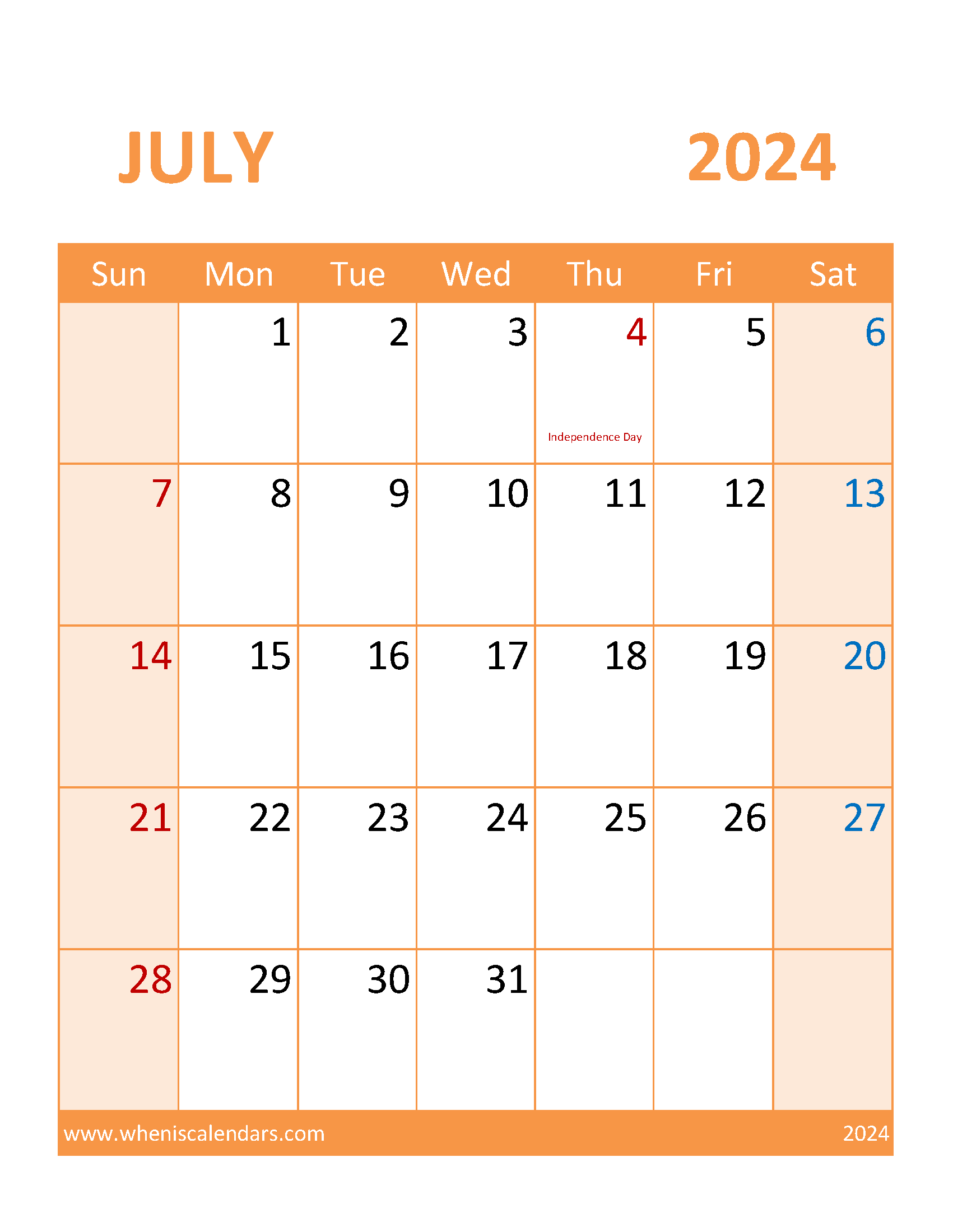Free Printable July 2024 Calendar Page